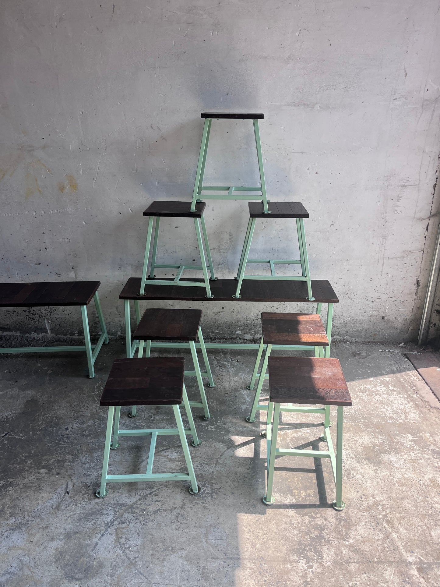 Vintage Industrial Benches and Stools, Set of 9, 1950s–1960s