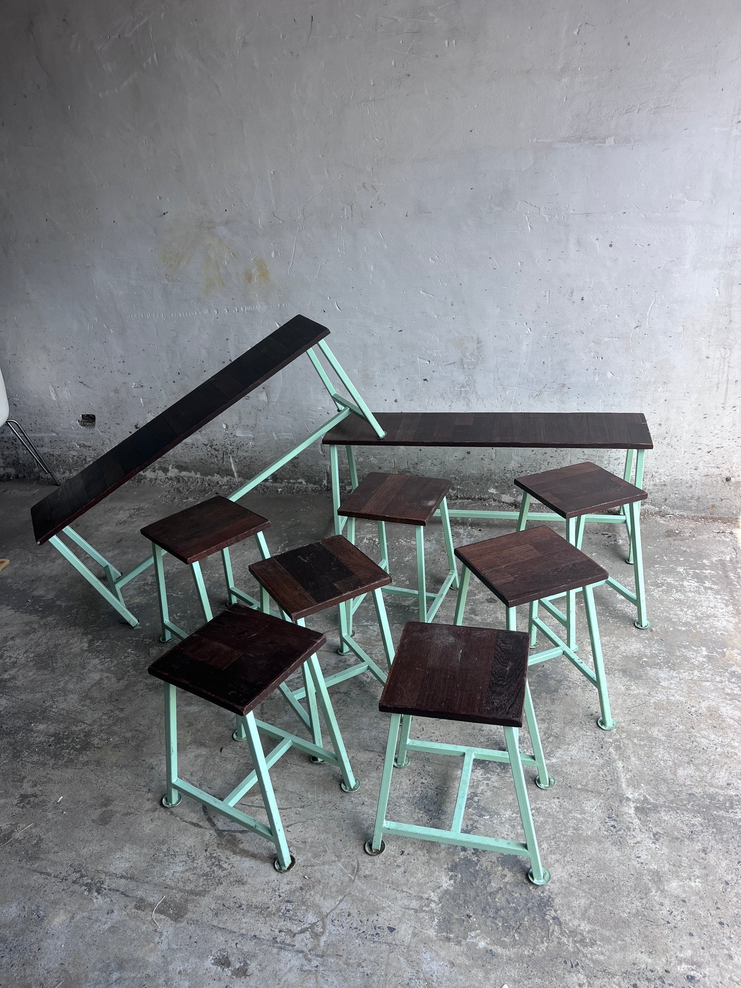Vintage Industrial Benches and Stools, Set of 9, 1950s–1960s