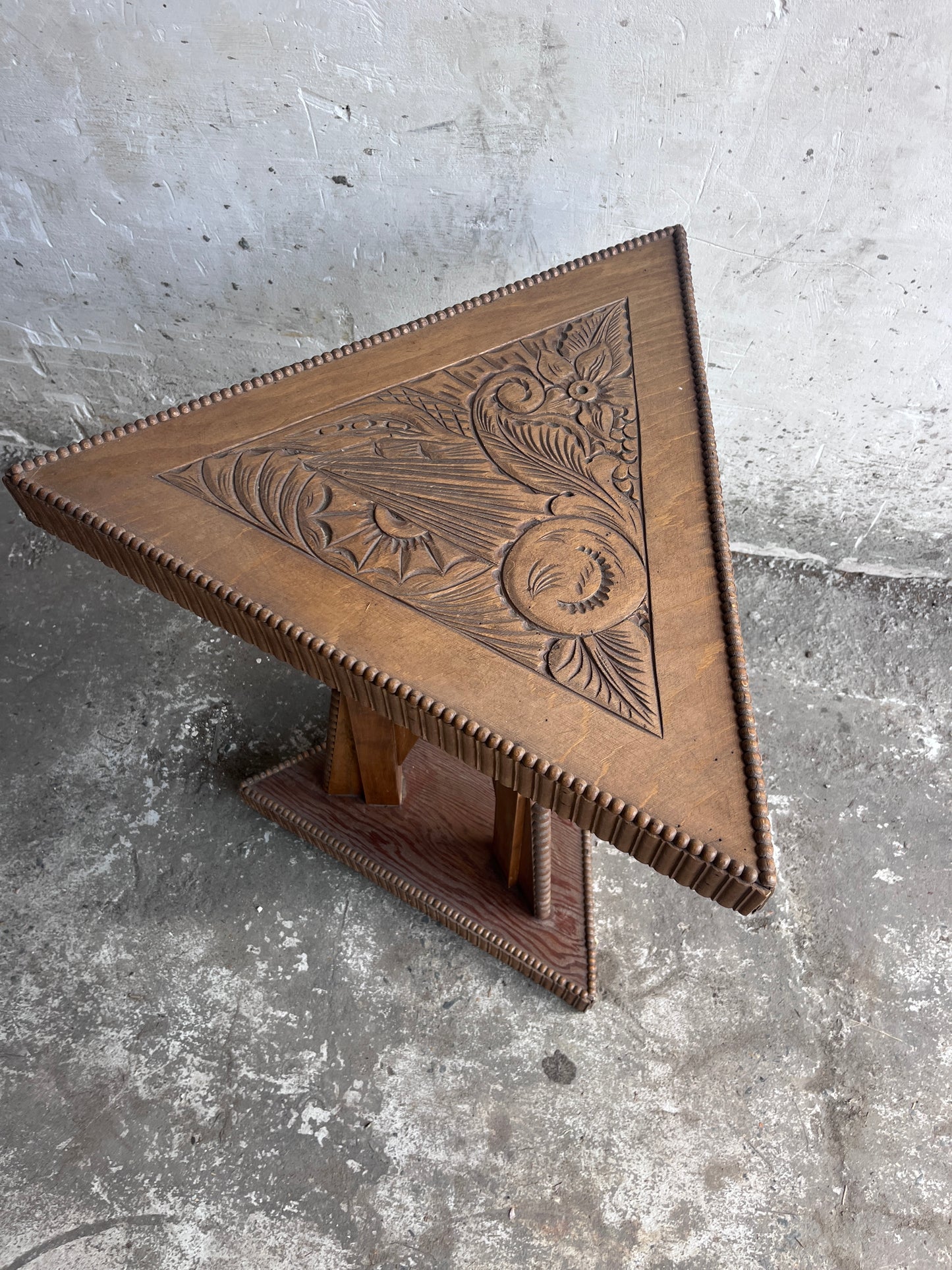 Art Nouveau Carved Wood Triangular Side Table, France, circa 1915