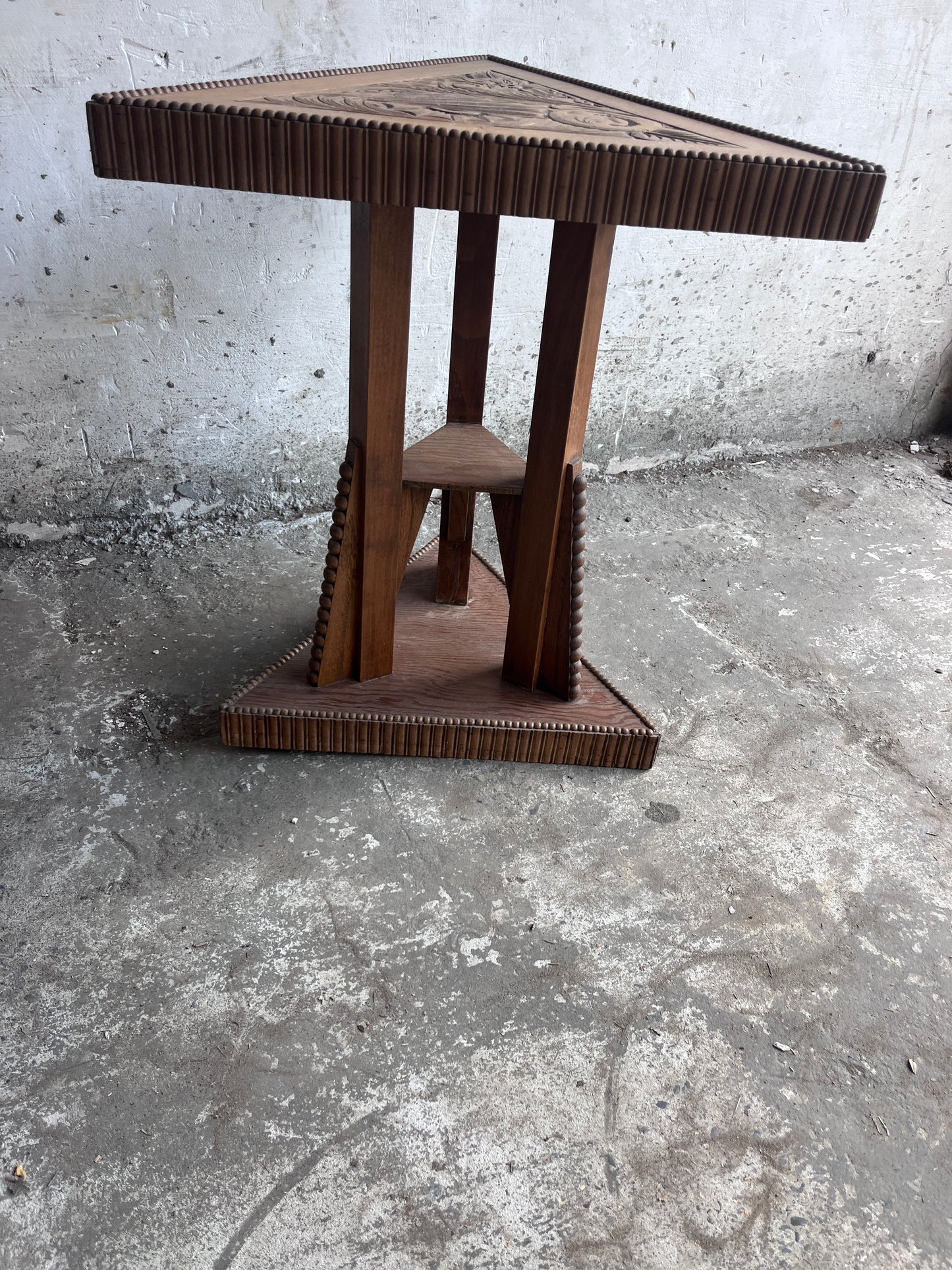 Art Nouveau Carved Wood Triangular Side Table, France, circa 1915