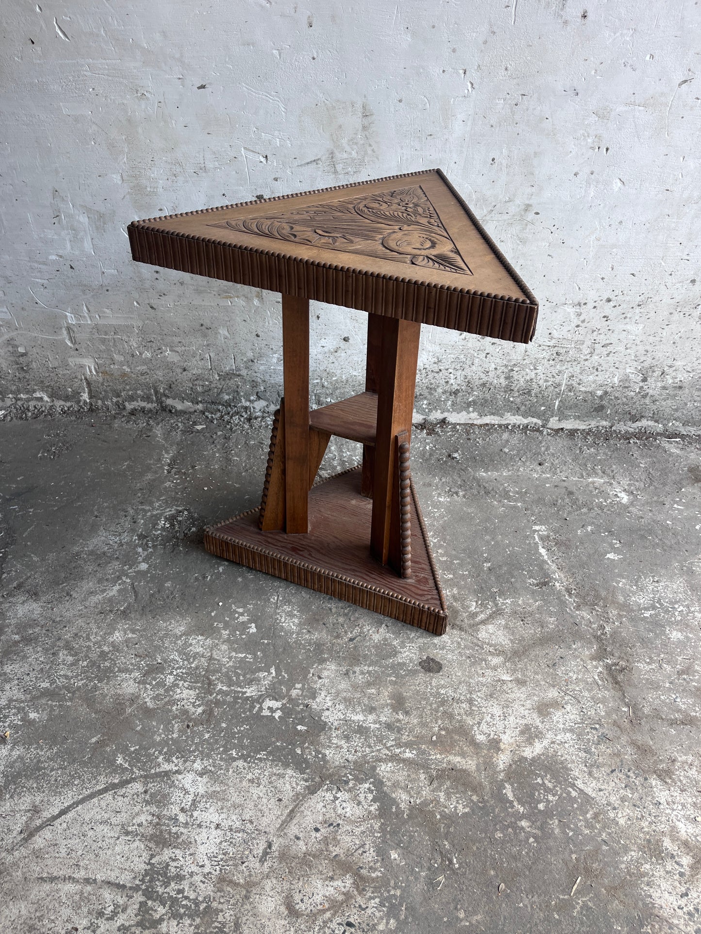 Art Nouveau Carved Wood Triangular Side Table, France, circa 1915