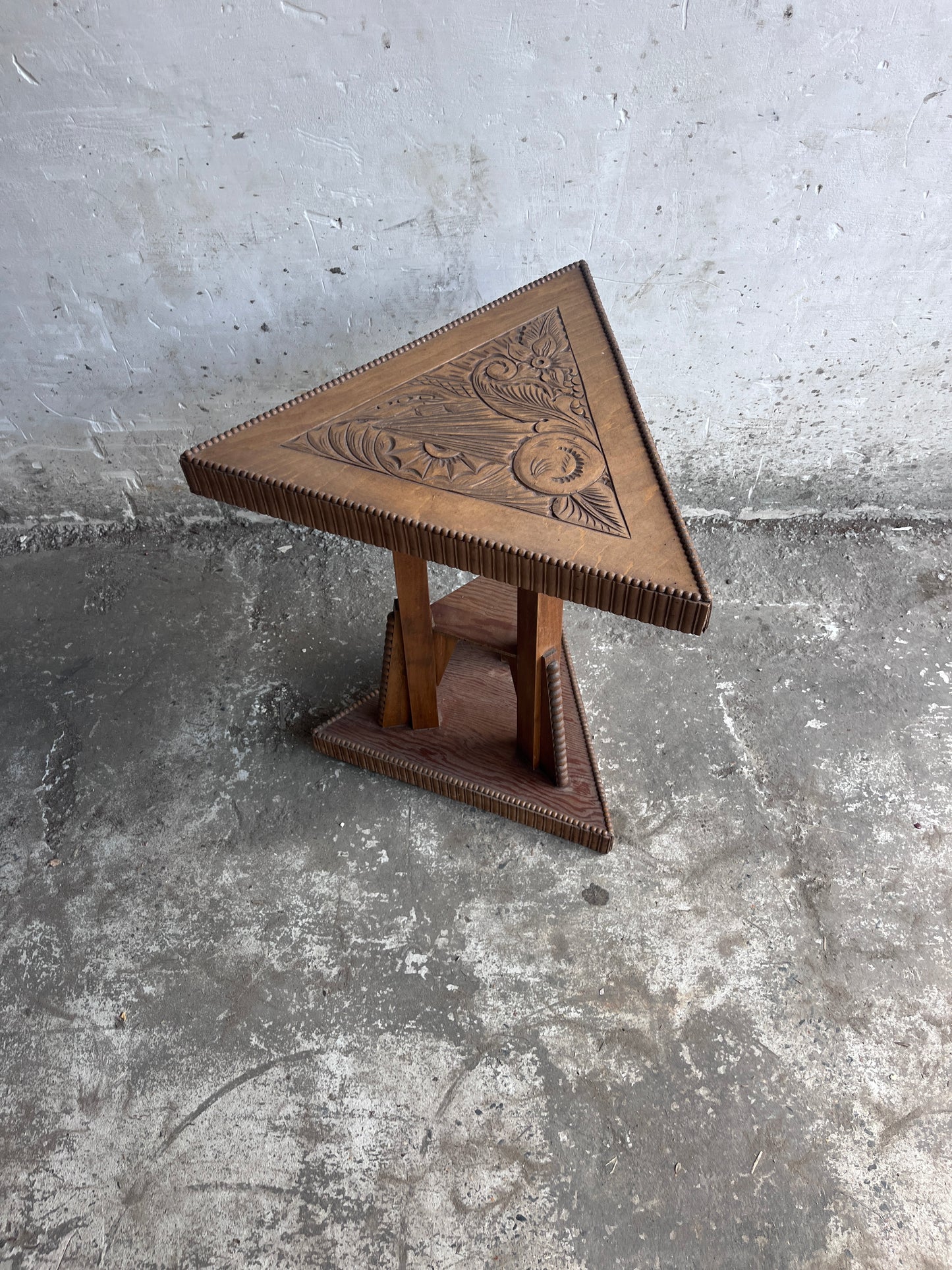 Art Nouveau Carved Wood Triangular Side Table, France, circa 1915