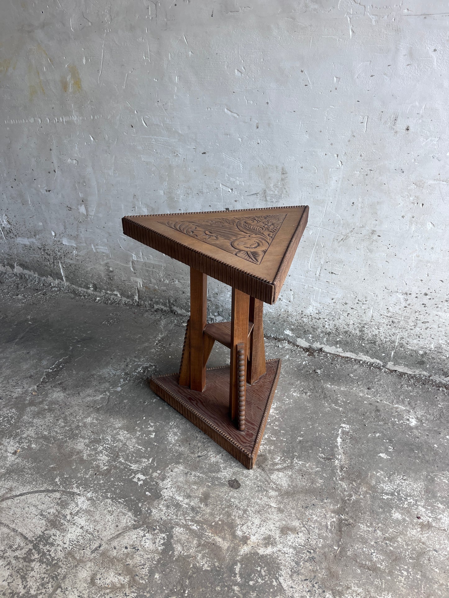 Art Nouveau Carved Wood Triangular Side Table, France, circa 1915