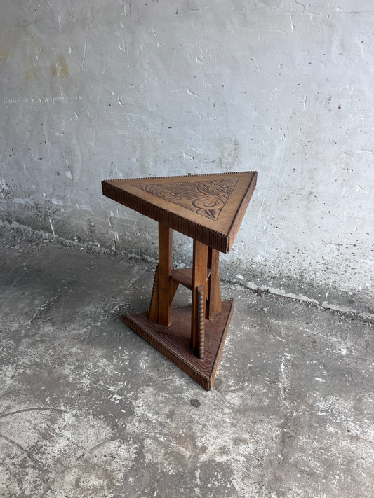 Art Nouveau Carved Wood Triangular Side Table, France, circa 1915