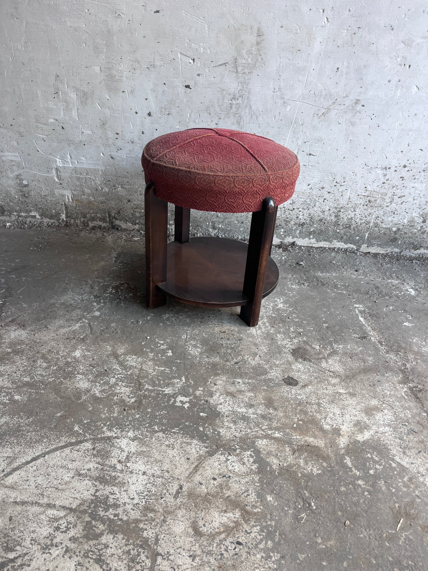 Art Deco Upholstered Stool with Lower Shelf, France, c. 1930
