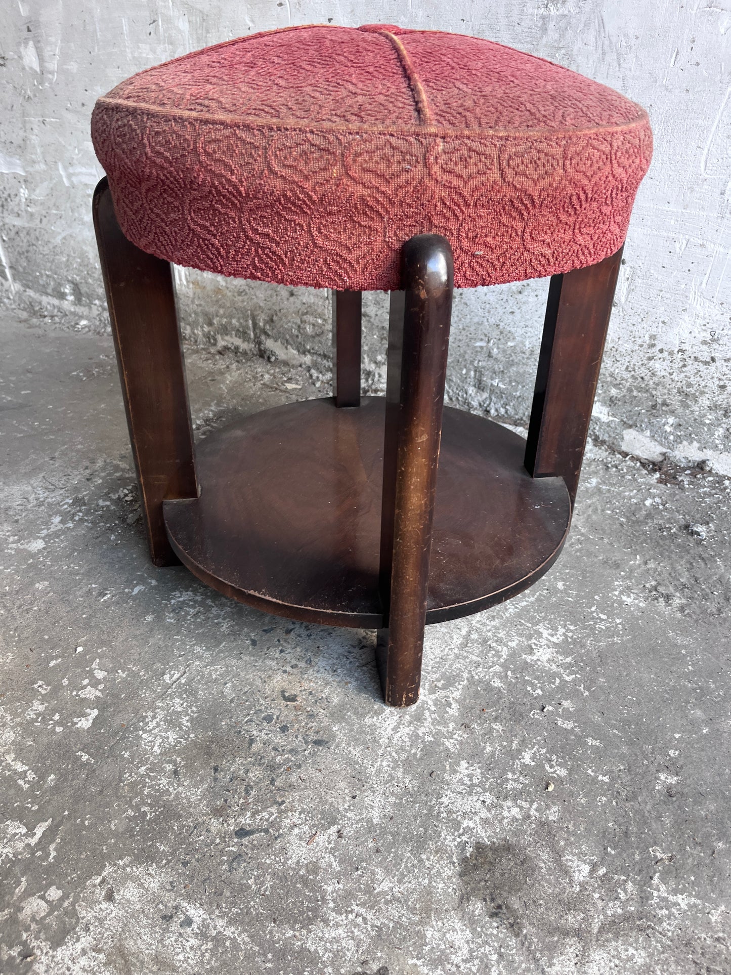Art Deco Upholstered Stool with Lower Shelf, France, c. 1930