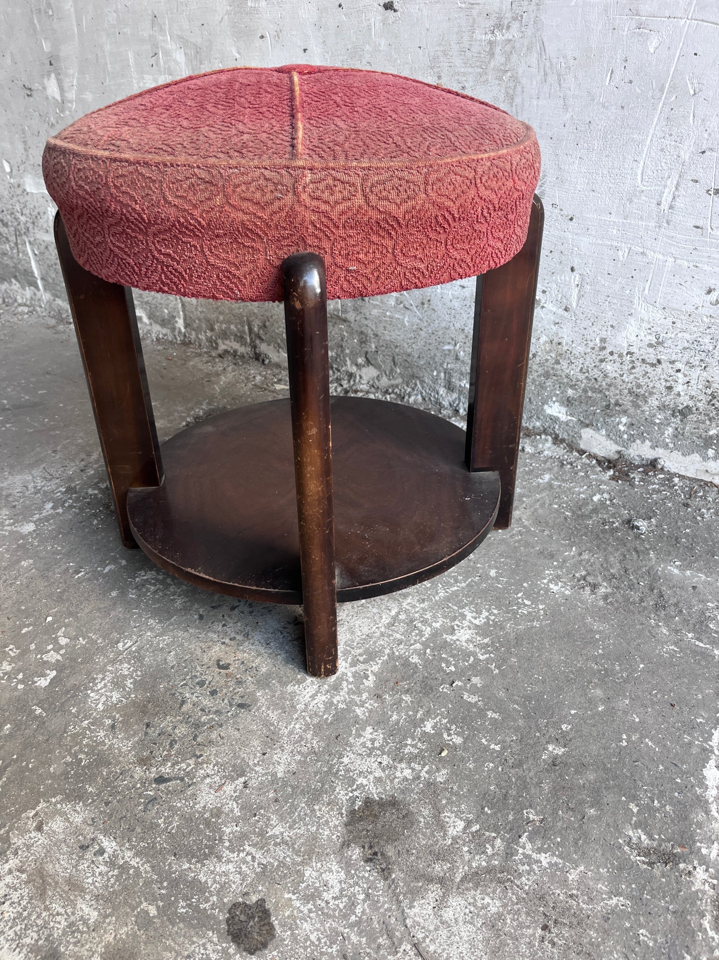 Art Deco Upholstered Stool with Lower Shelf, France, c. 1930