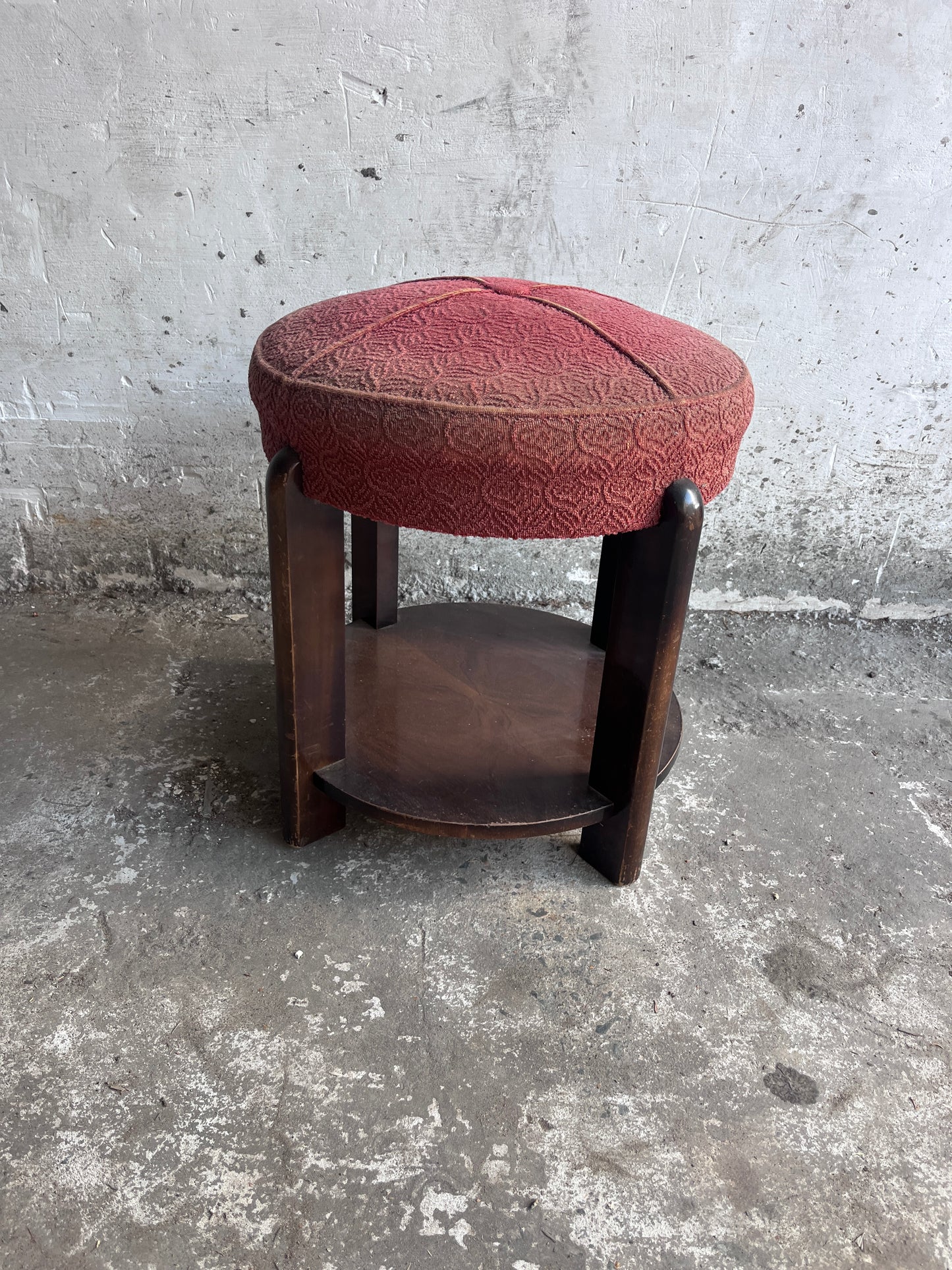 Art Deco Upholstered Stool with Lower Shelf, France, c. 1930