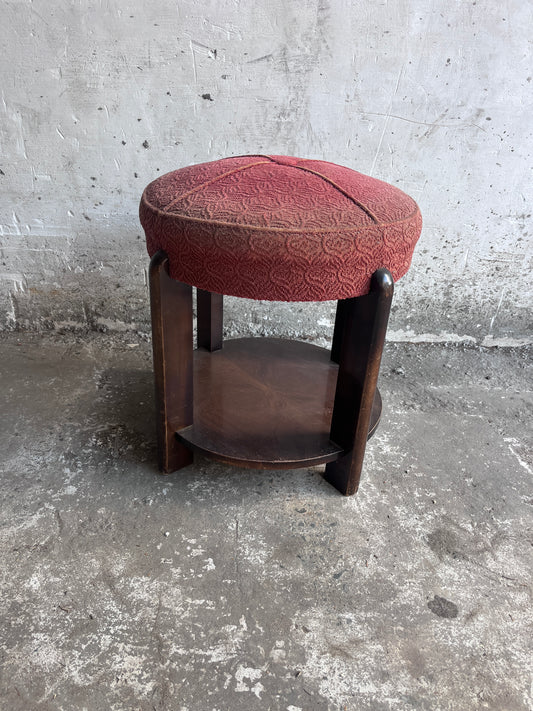 Art Deco Upholstered Stool with Lower Shelf, France, c. 1930