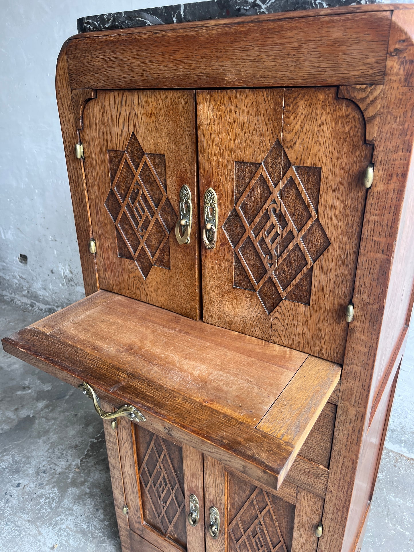 French Art Deco Oak Cabinet with Marble Top, circa 1930
