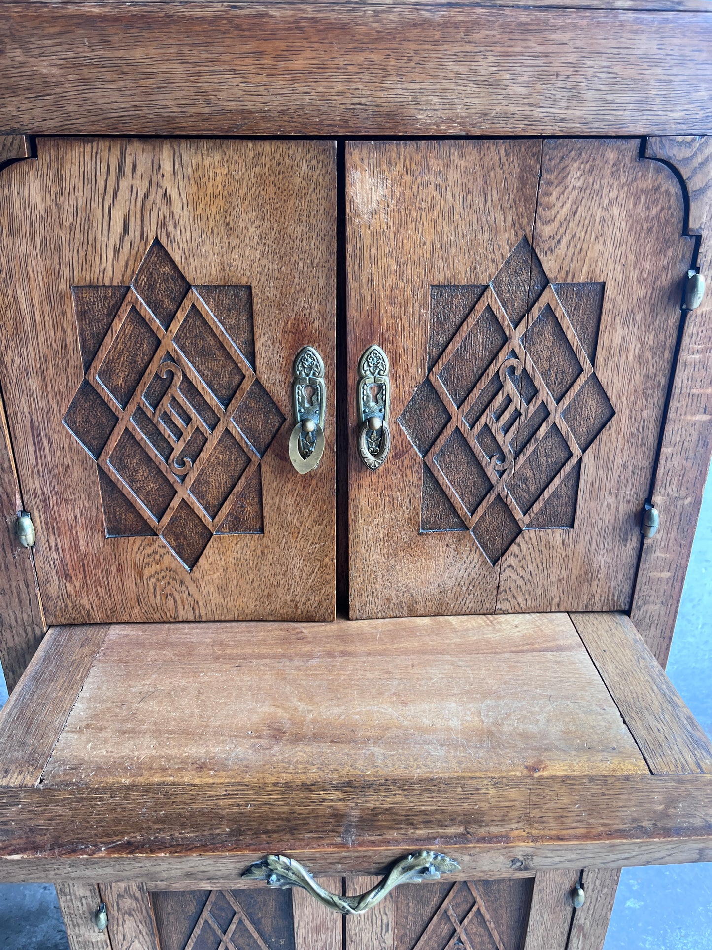 French Art Deco Oak Cabinet with Marble Top, circa 1930
