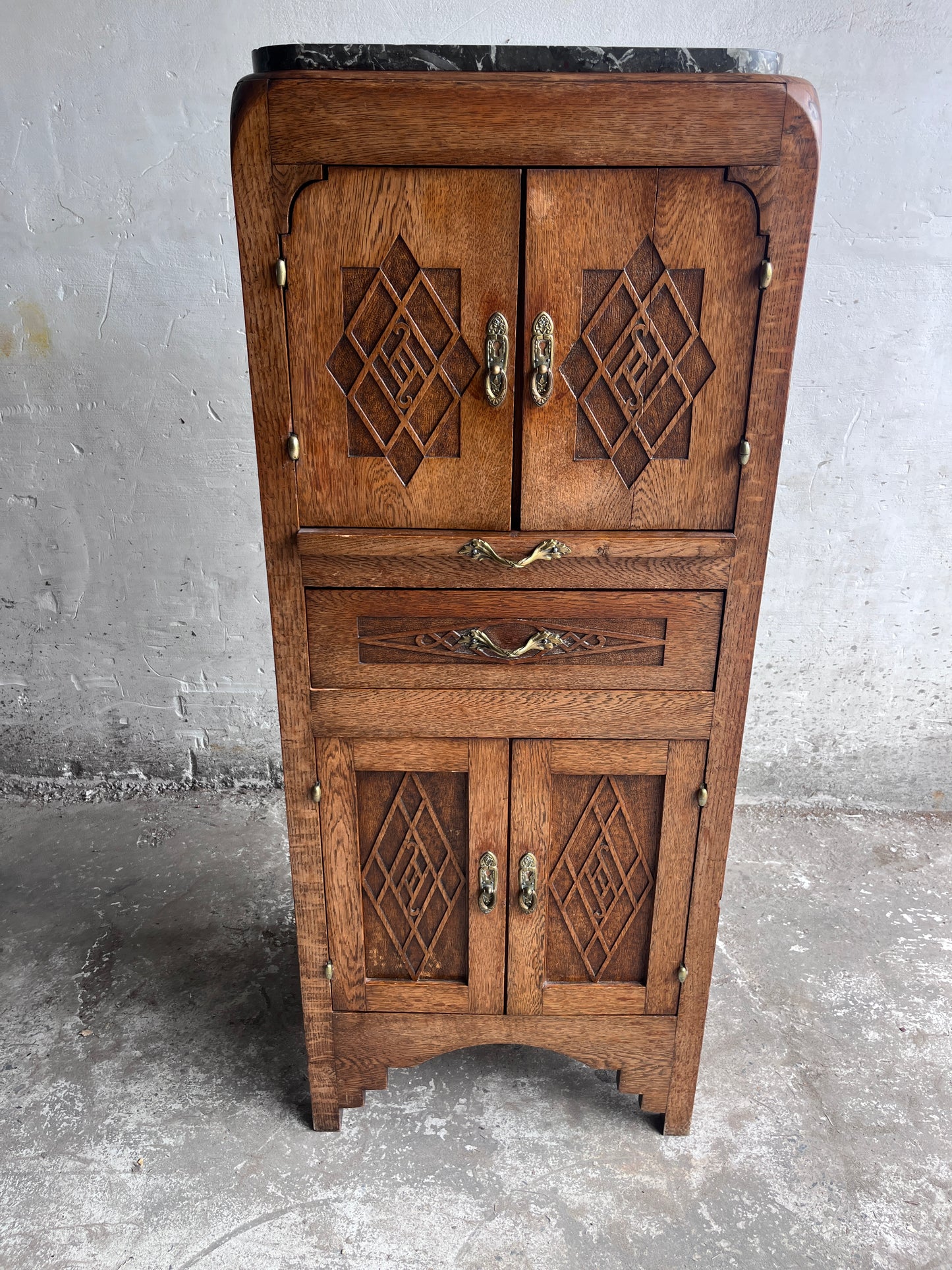 French Art Deco Oak Cabinet with Marble Top, circa 1930