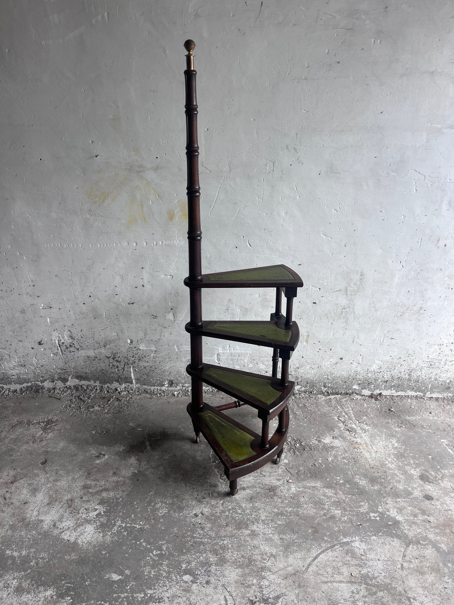 English Wooden Folding Library Steps with Green Leather Treads