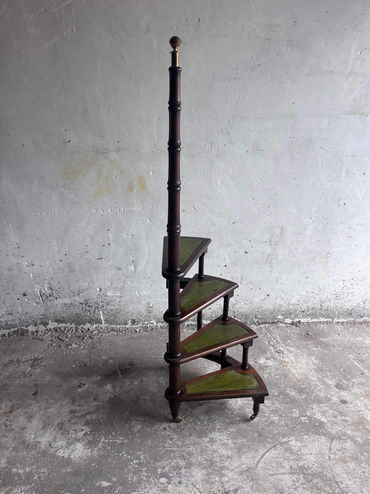 English Wooden Folding Library Steps with Green Leather Treads