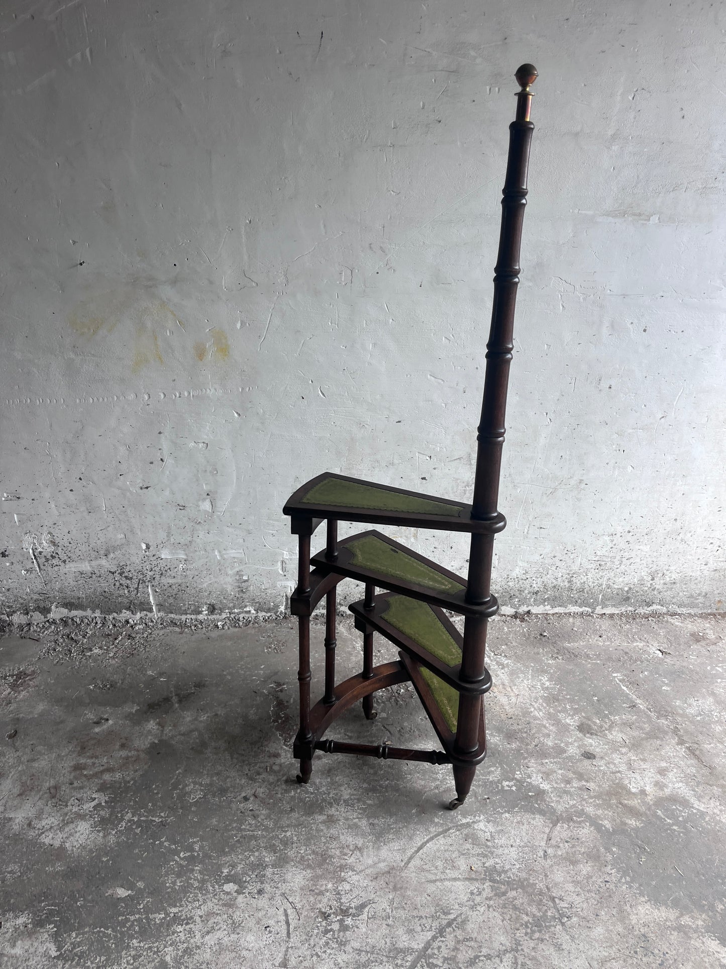 English Wooden Folding Library Steps with Green Leather Treads