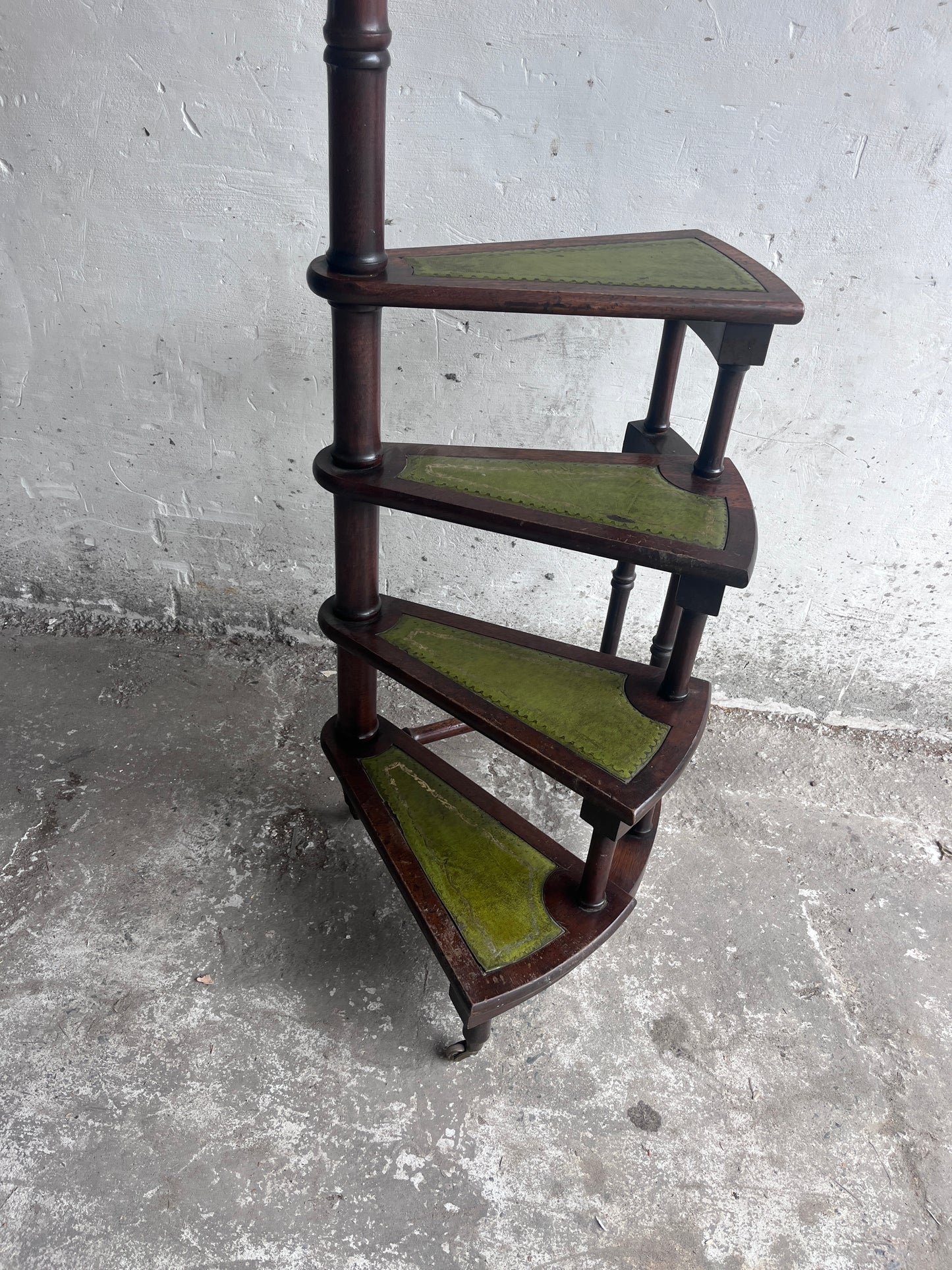 English Wooden Folding Library Steps with Green Leather Treads