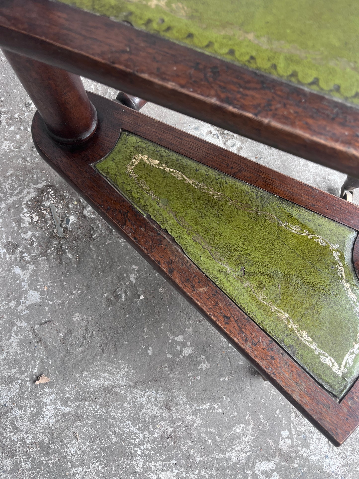 English Wooden Folding Library Steps with Green Leather Treads
