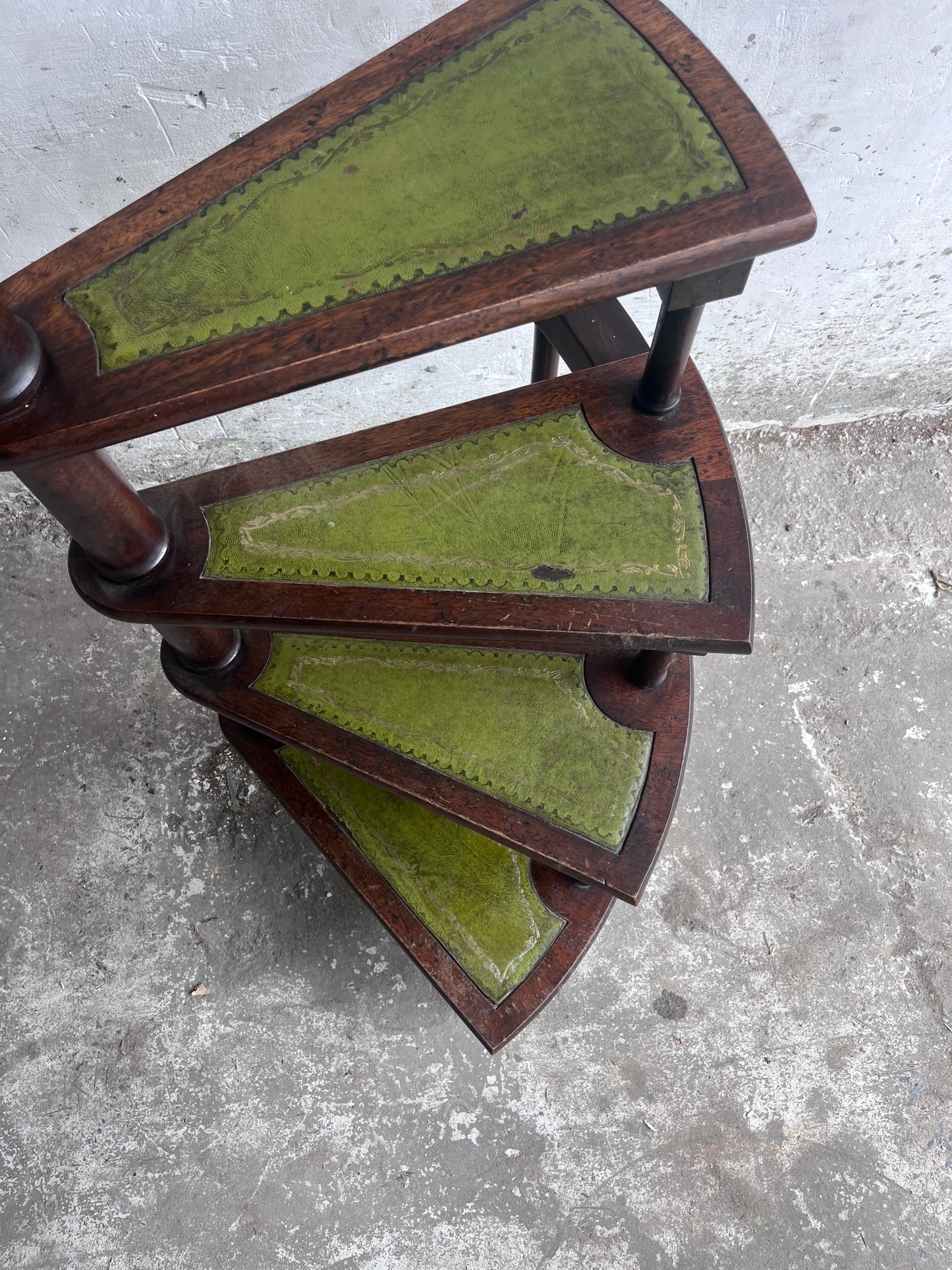English Wooden Folding Library Steps with Green Leather Treads