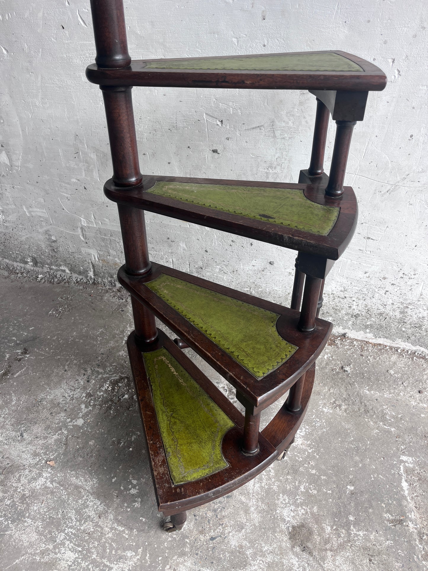 English Wooden Folding Library Steps with Green Leather Treads