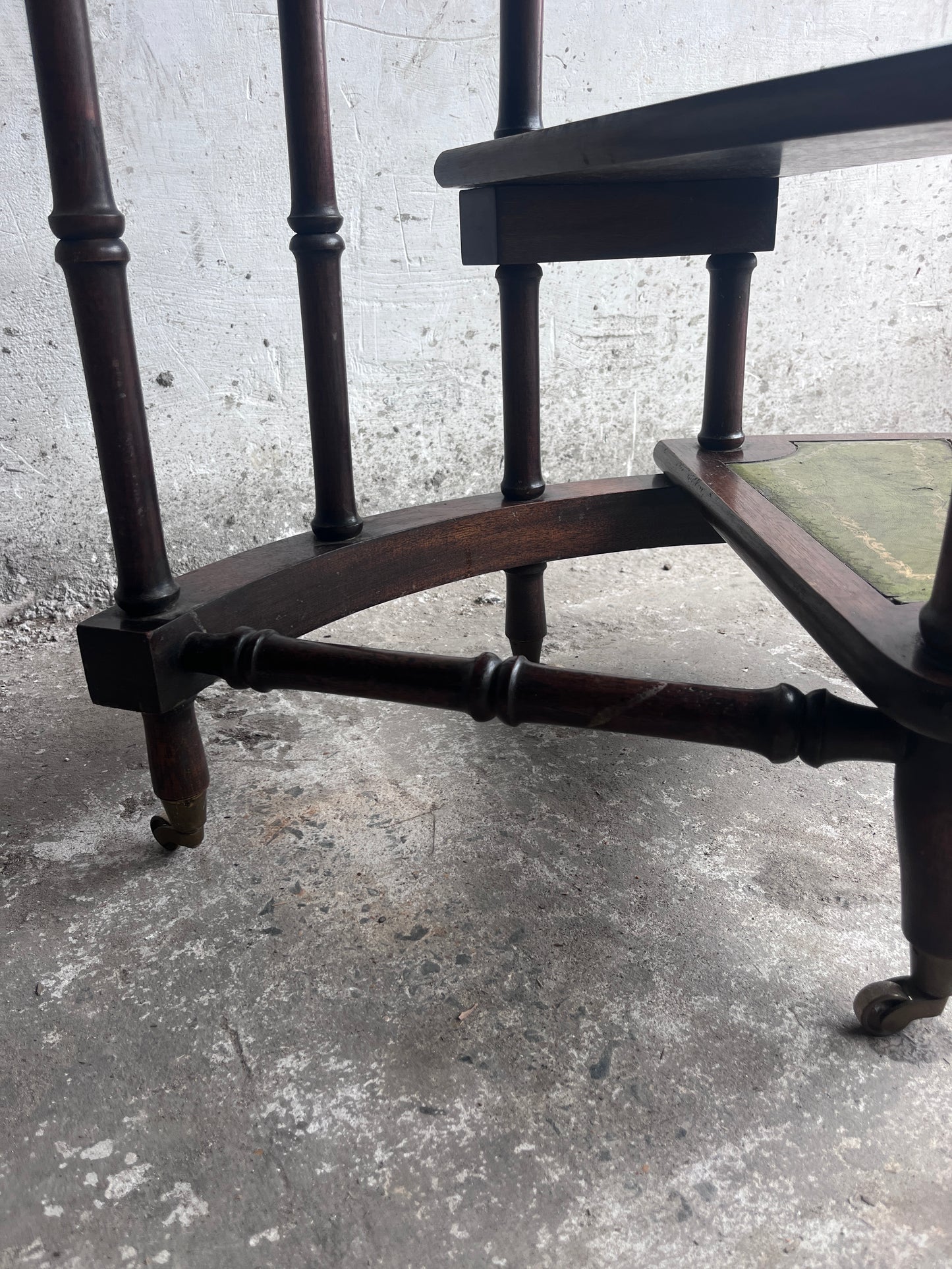 English Wooden Folding Library Steps with Green Leather Treads