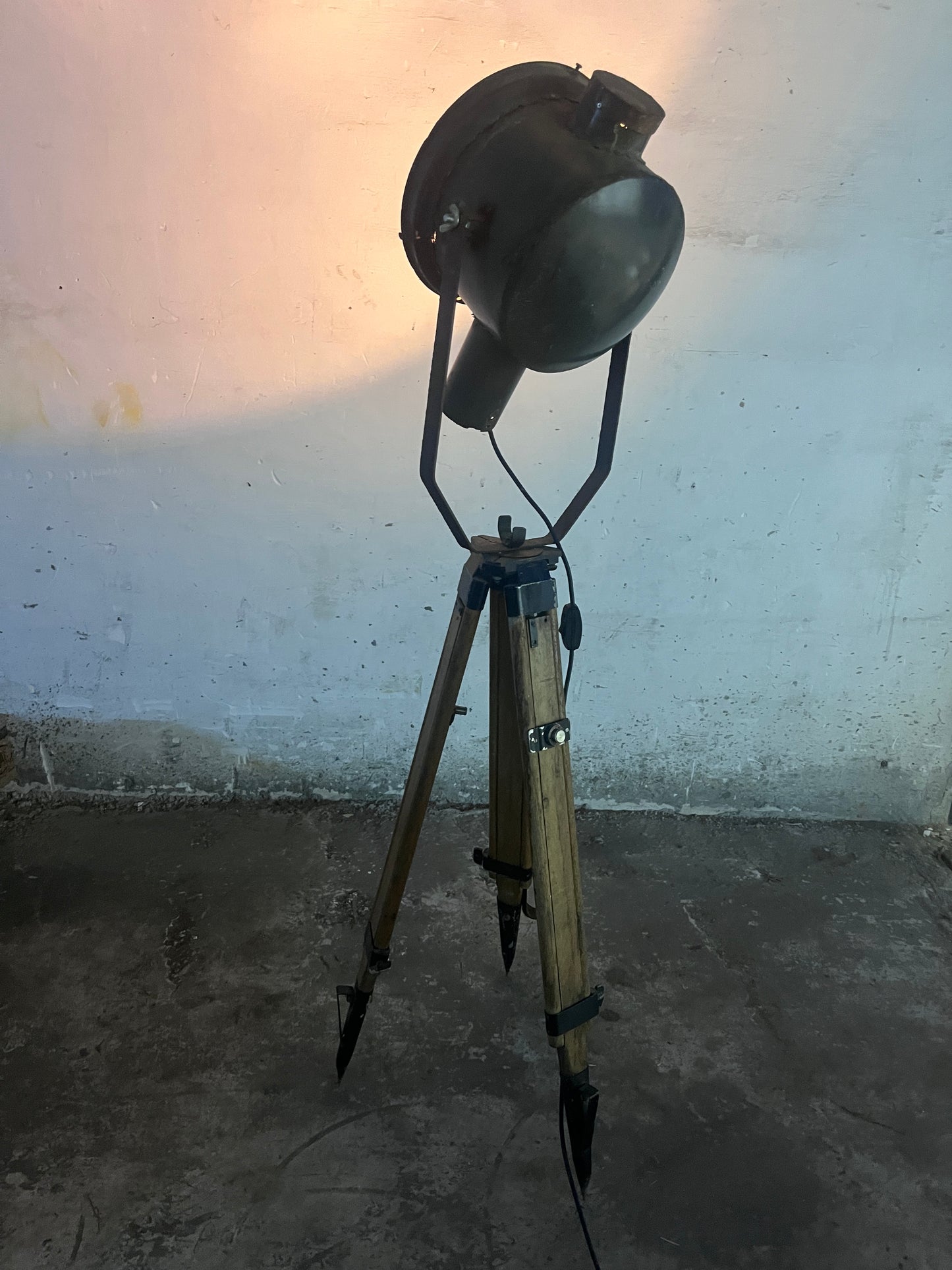 Industrial Searchlight Floor Lamp on PZO STG 4 Tripod, Poland, 1970s