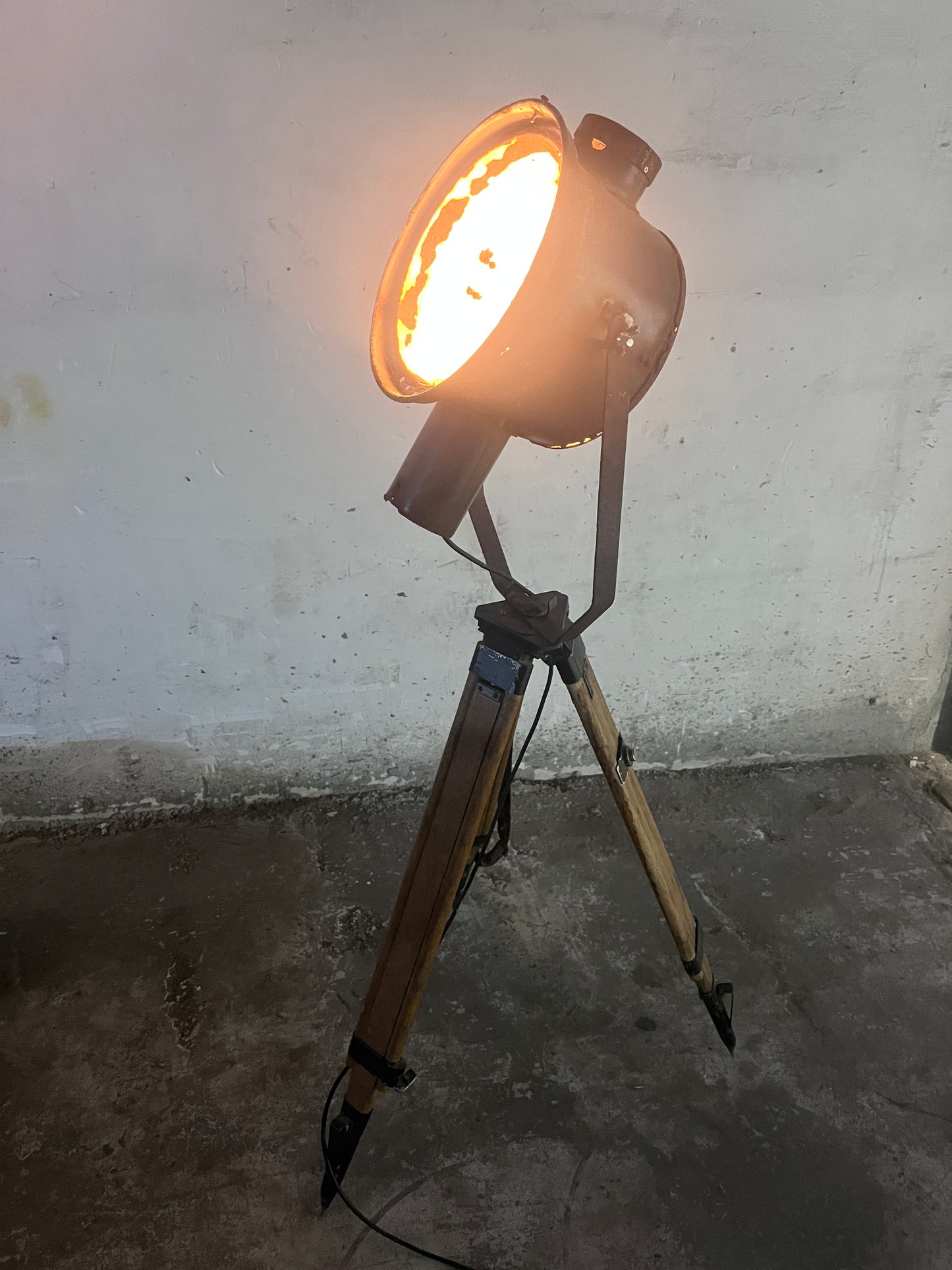 Industrial Searchlight Floor Lamp on PZO STG 4 Tripod, Poland, 1970s