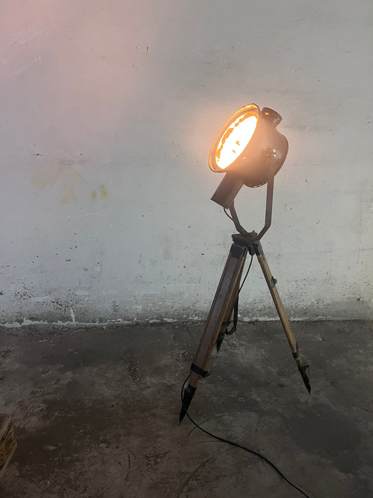 Industrial Searchlight Floor Lamp on PZO STG 4 Tripod, Poland, 1970s