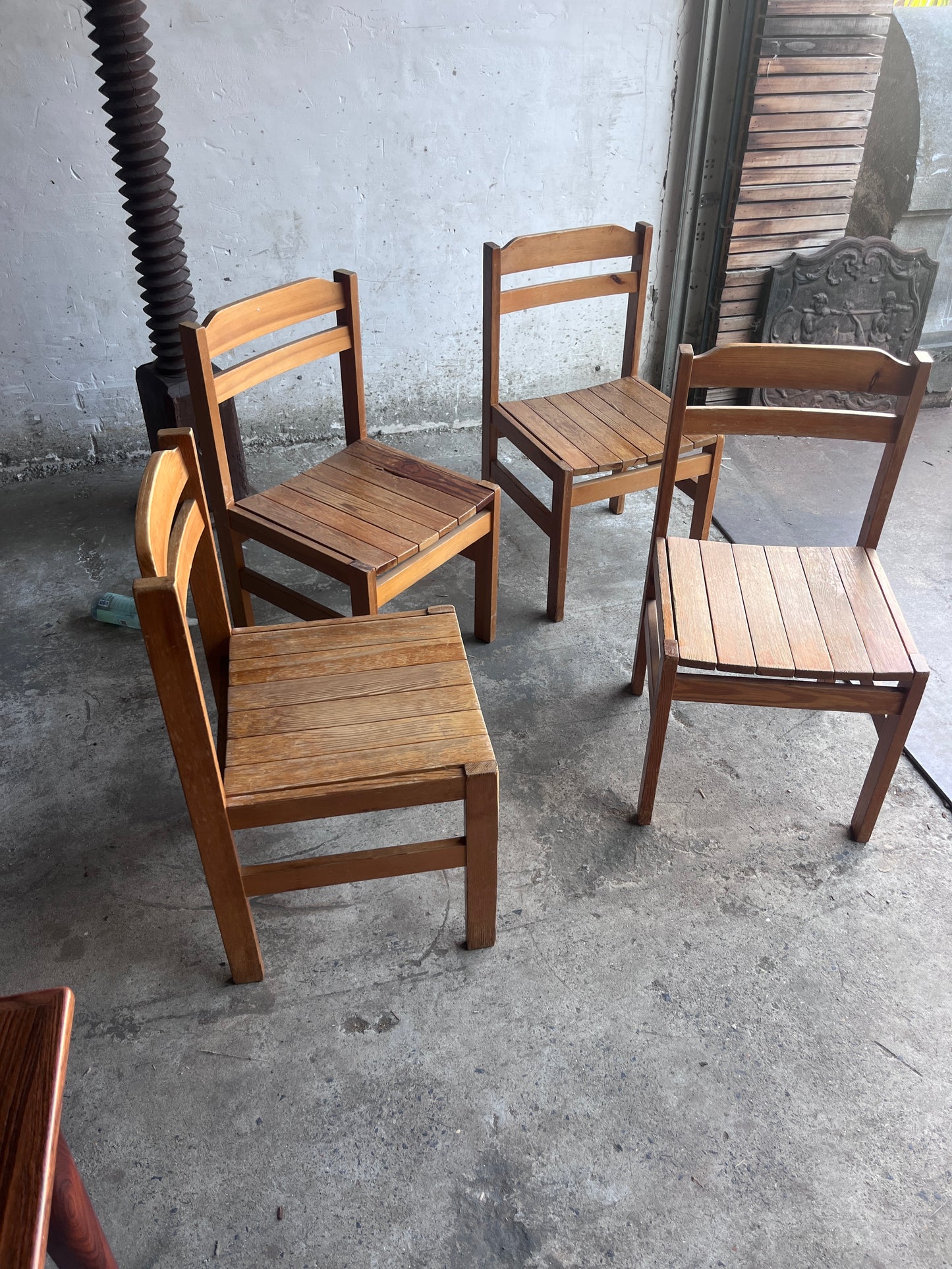 Set of Four Rustic Solid Wood Dining Chairs, Europe, circa 1970s