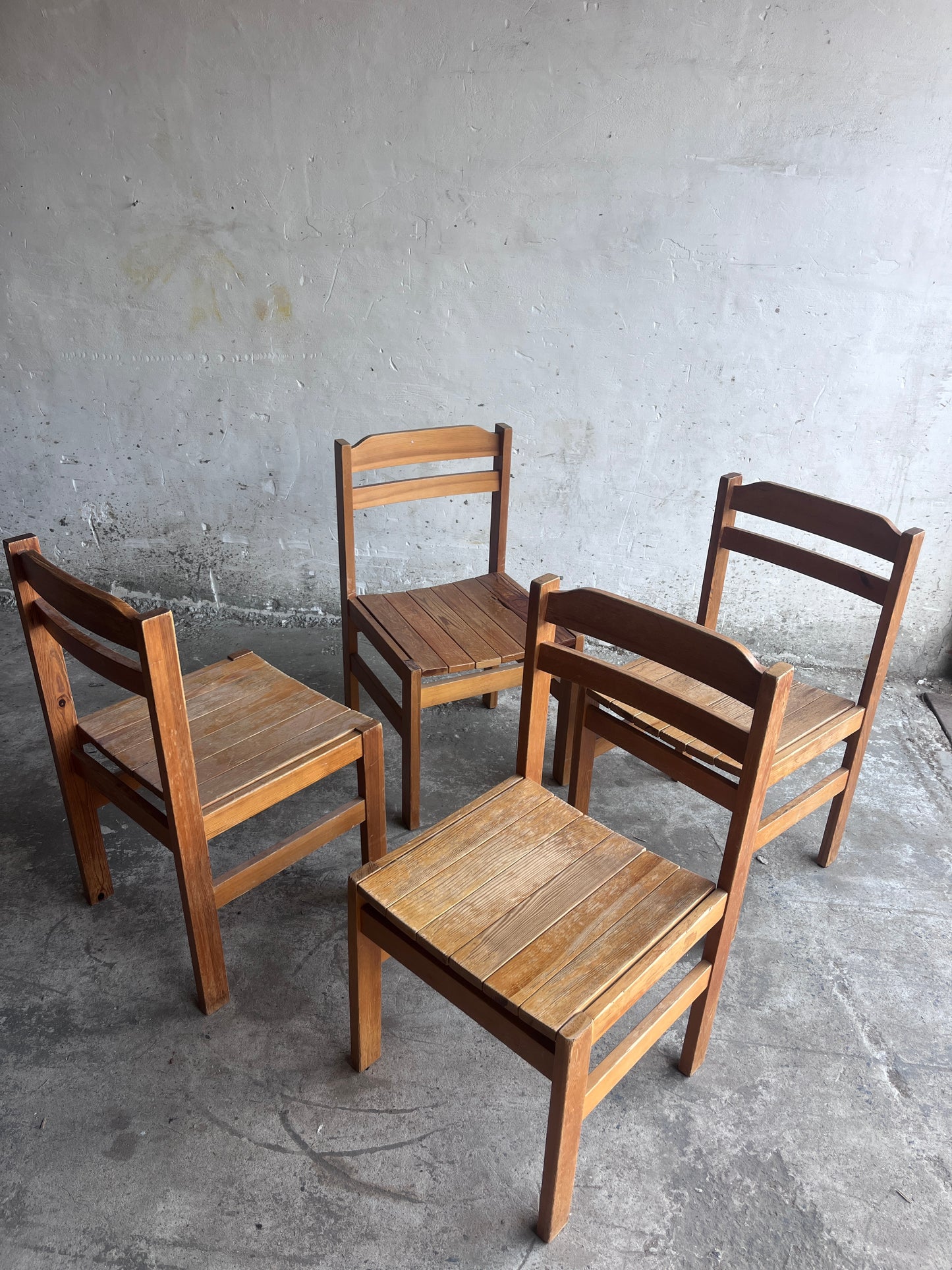 Set of Four Rustic Solid Wood Dining Chairs, Europe, circa 1970s