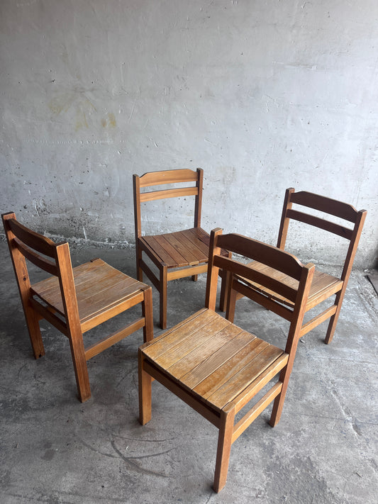 Set of Four Rustic Solid Wood Dining Chairs, Europe, circa 1970s