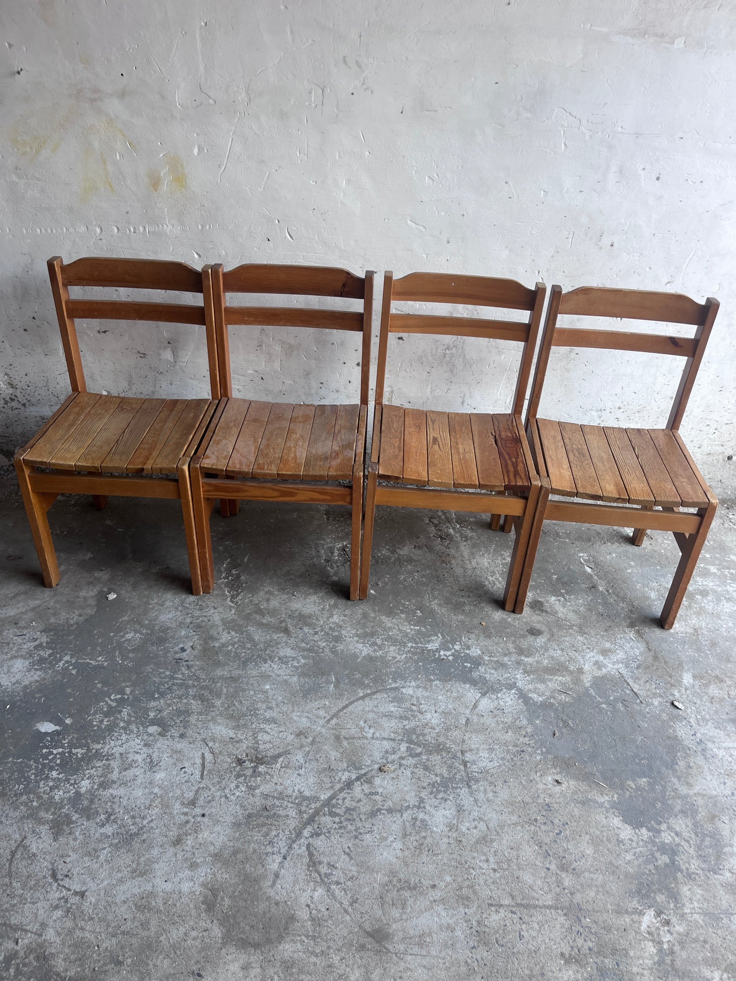 Set of Four Rustic Solid Wood Dining Chairs, Europe, circa 1970s
