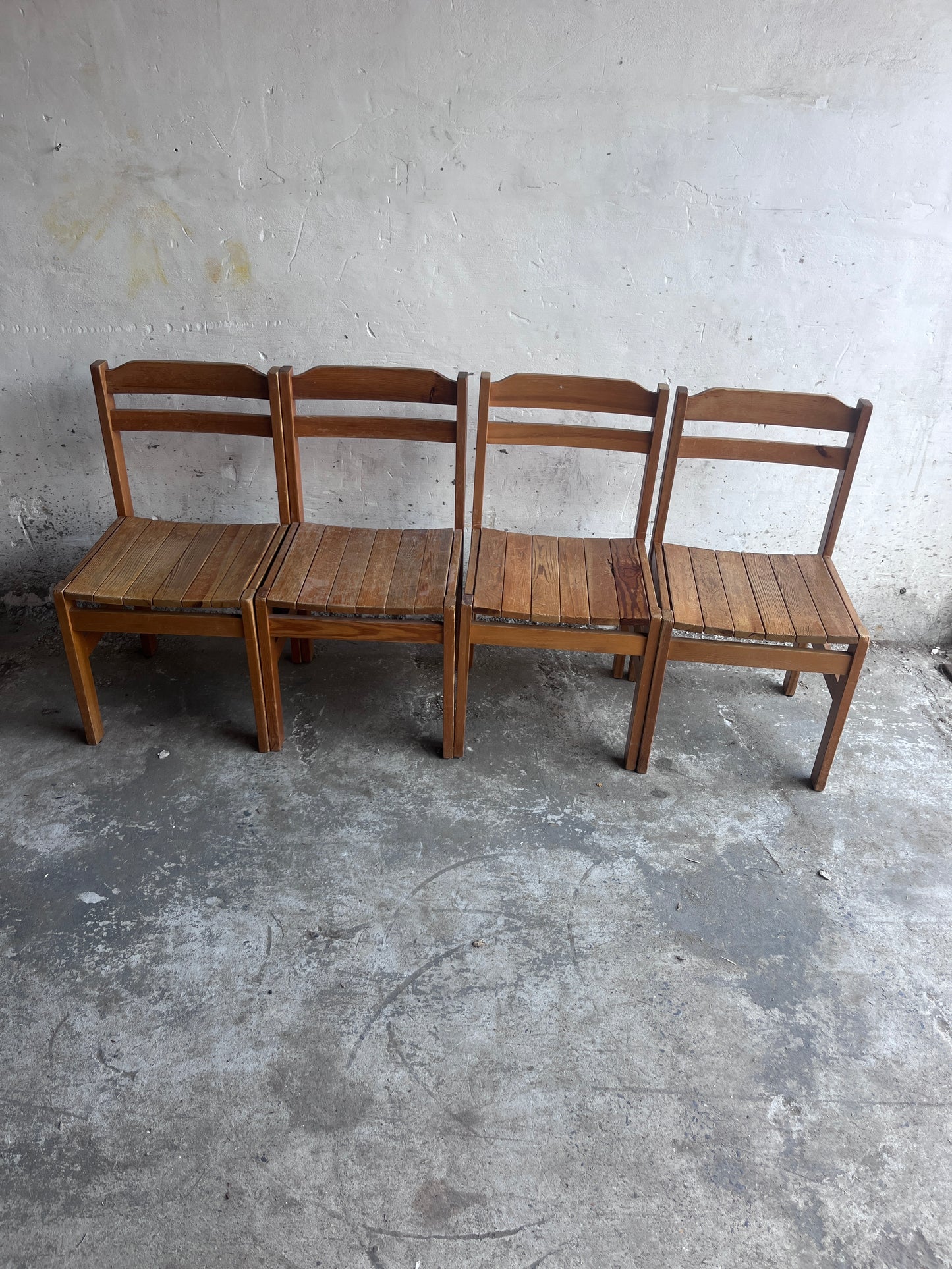 Set of Four Rustic Solid Wood Dining Chairs, Europe, circa 1970s