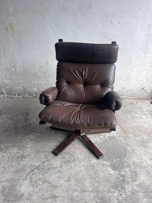 Vintage Scandinavian Leather Swivel Lounge Chair, 1970s