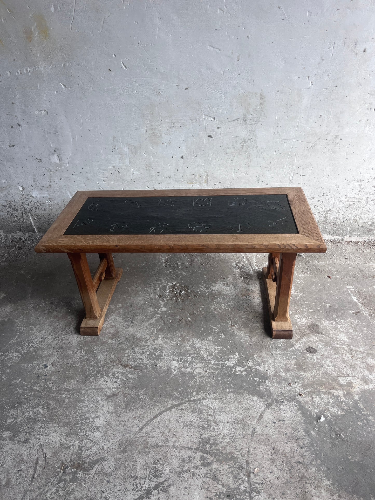 Brutalist Oak and Slate Coffee Table with Zodiac Motifs