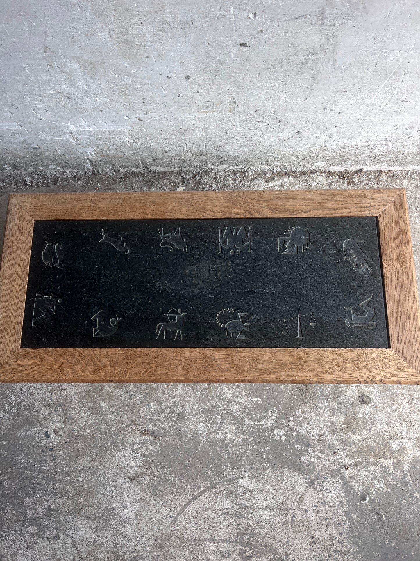 Brutalist Oak and Slate Coffee Table with Zodiac Motifs