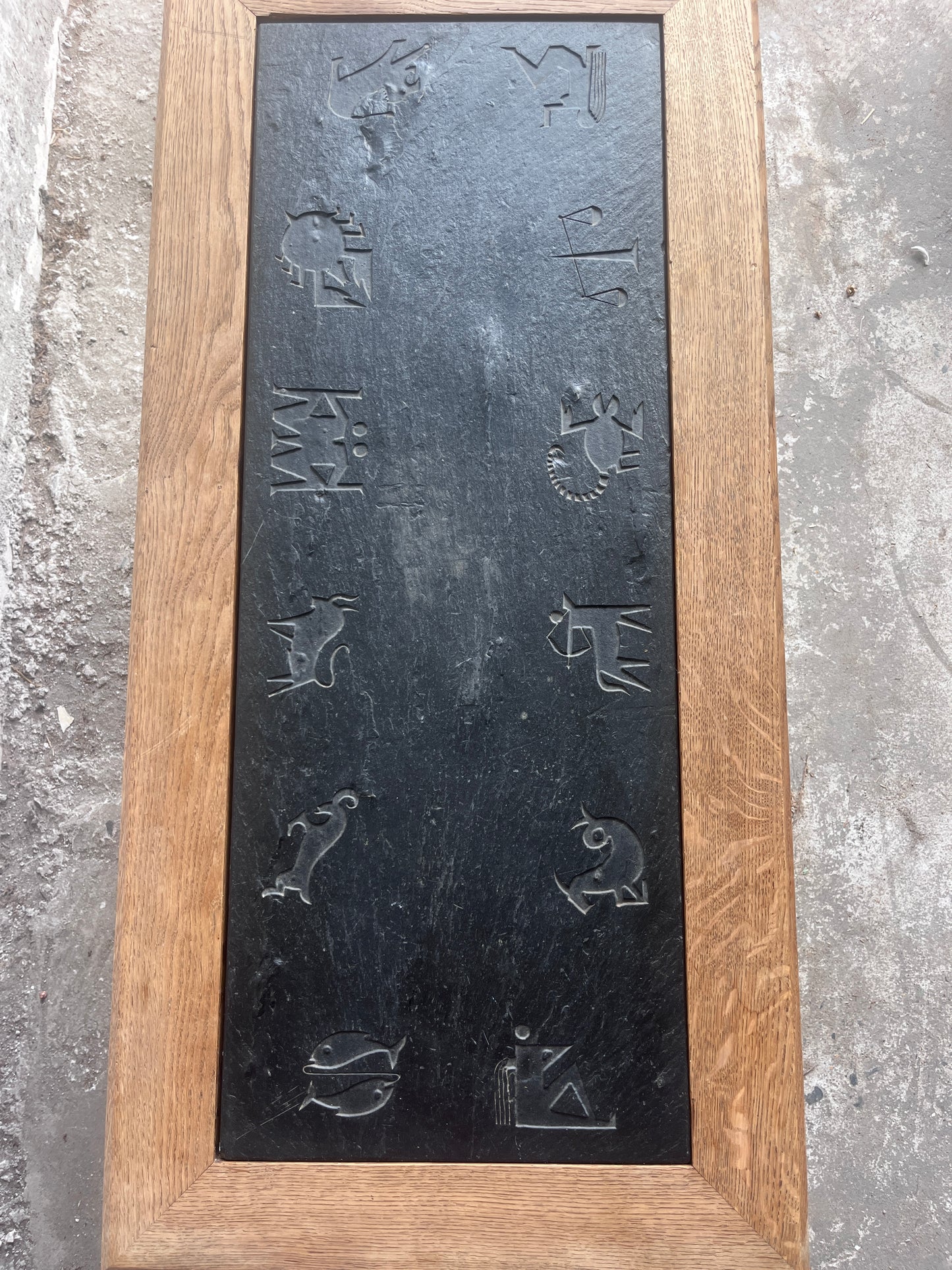 Brutalist Oak and Slate Coffee Table with Zodiac Motifs