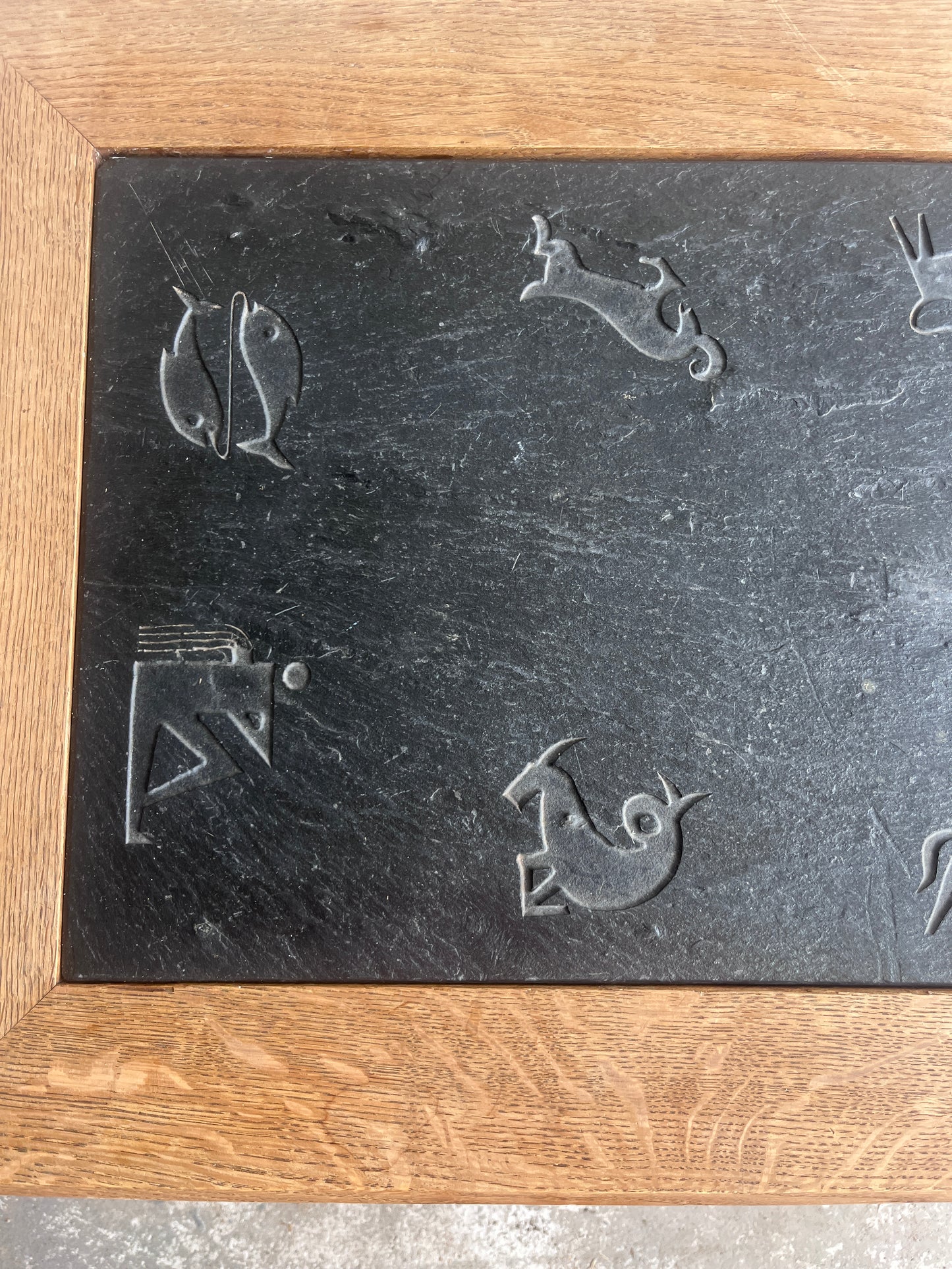 Brutalist Oak and Slate Coffee Table with Zodiac Motifs