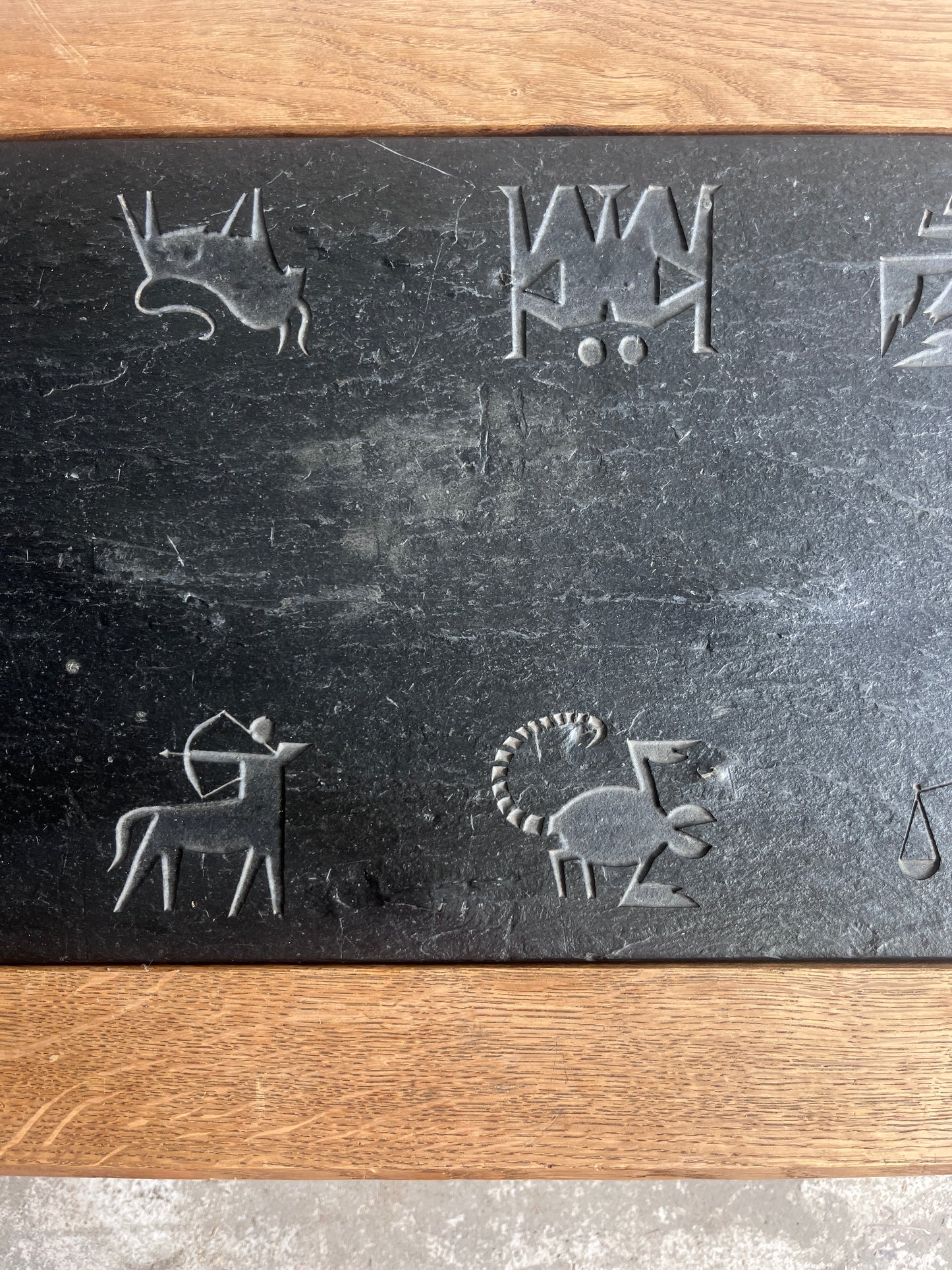 Brutalist Oak and Slate Coffee Table with Zodiac Motifs
