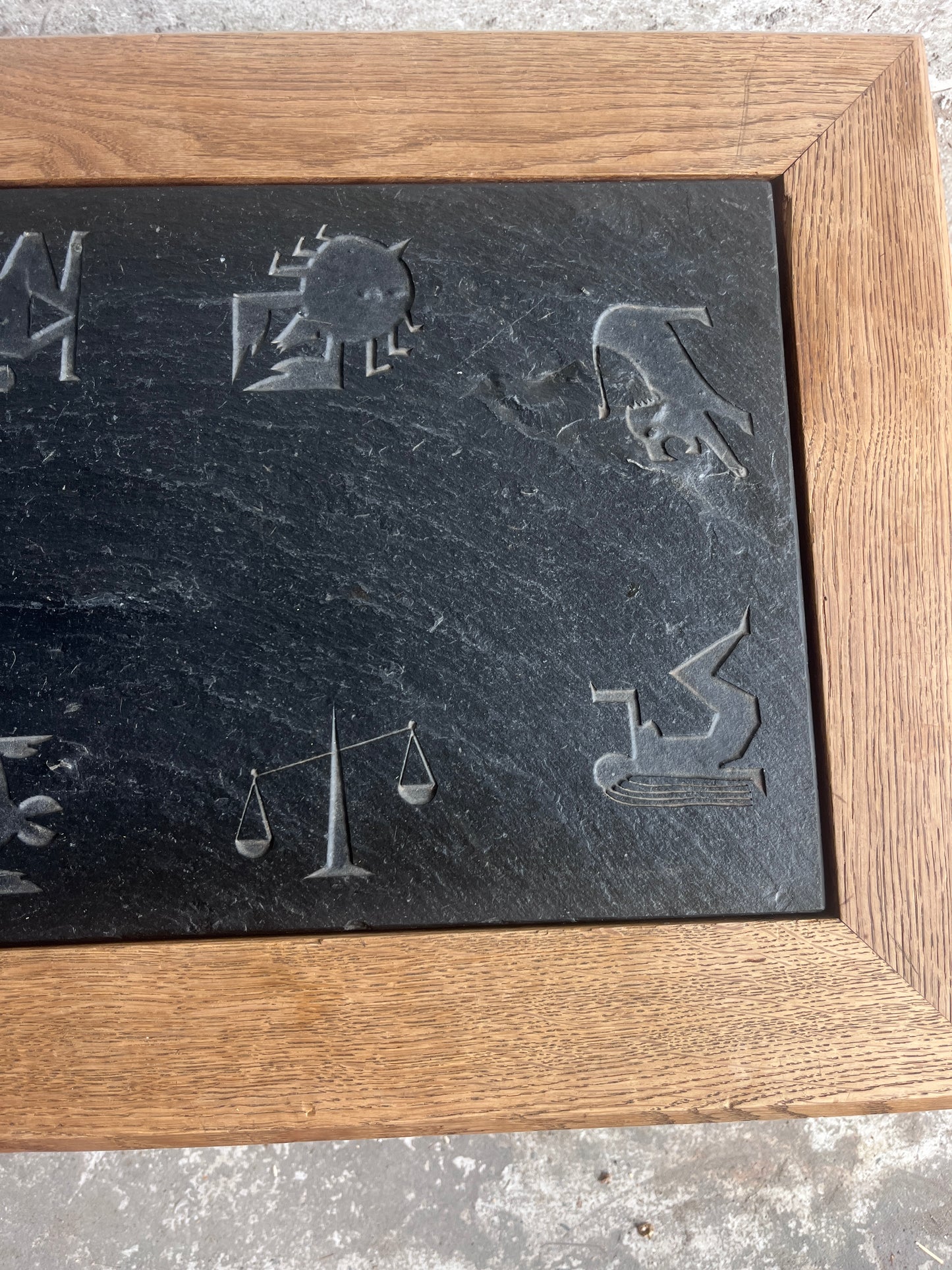 Brutalist Oak and Slate Coffee Table with Zodiac Motifs