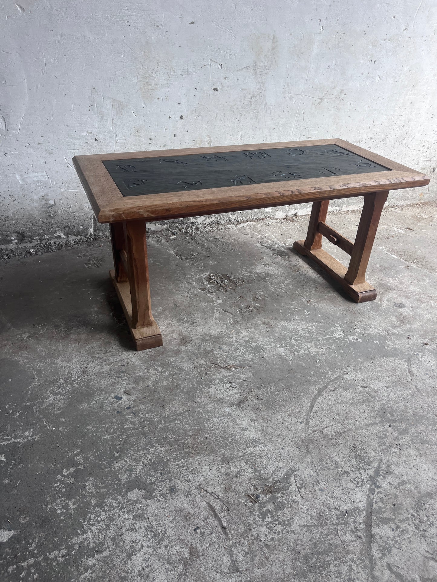 Brutalist Oak and Slate Coffee Table with Zodiac Motifs