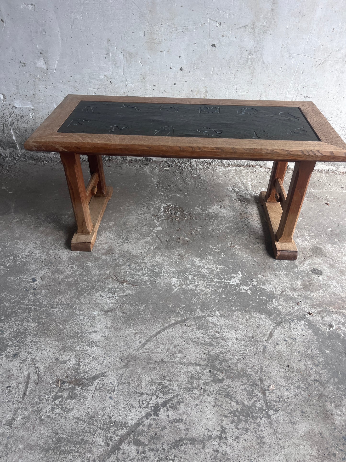 Brutalist Oak and Slate Coffee Table with Zodiac Motifs