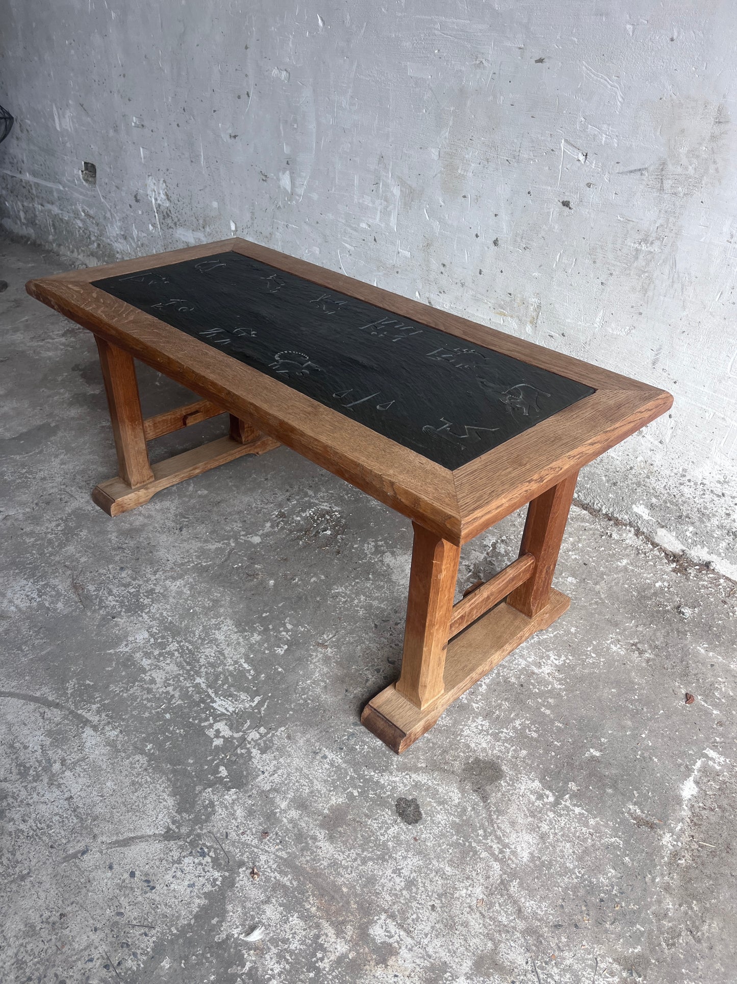 Brutalist Oak and Slate Coffee Table with Zodiac Motifs