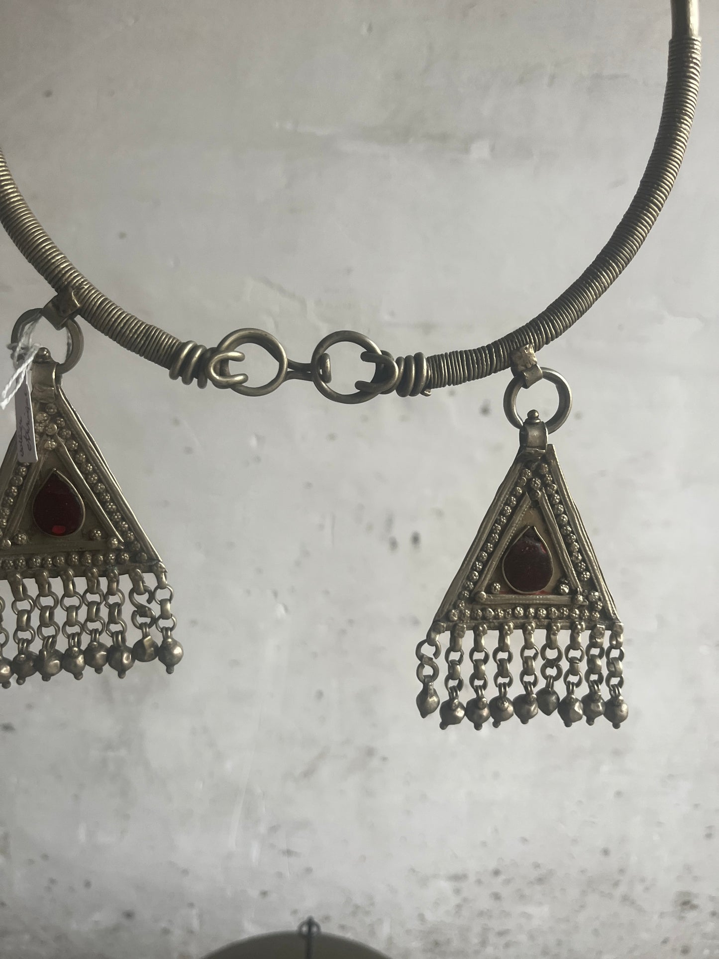 Vintage Bhutanese Tribal Choker Necklace with Red Glass Pendants
