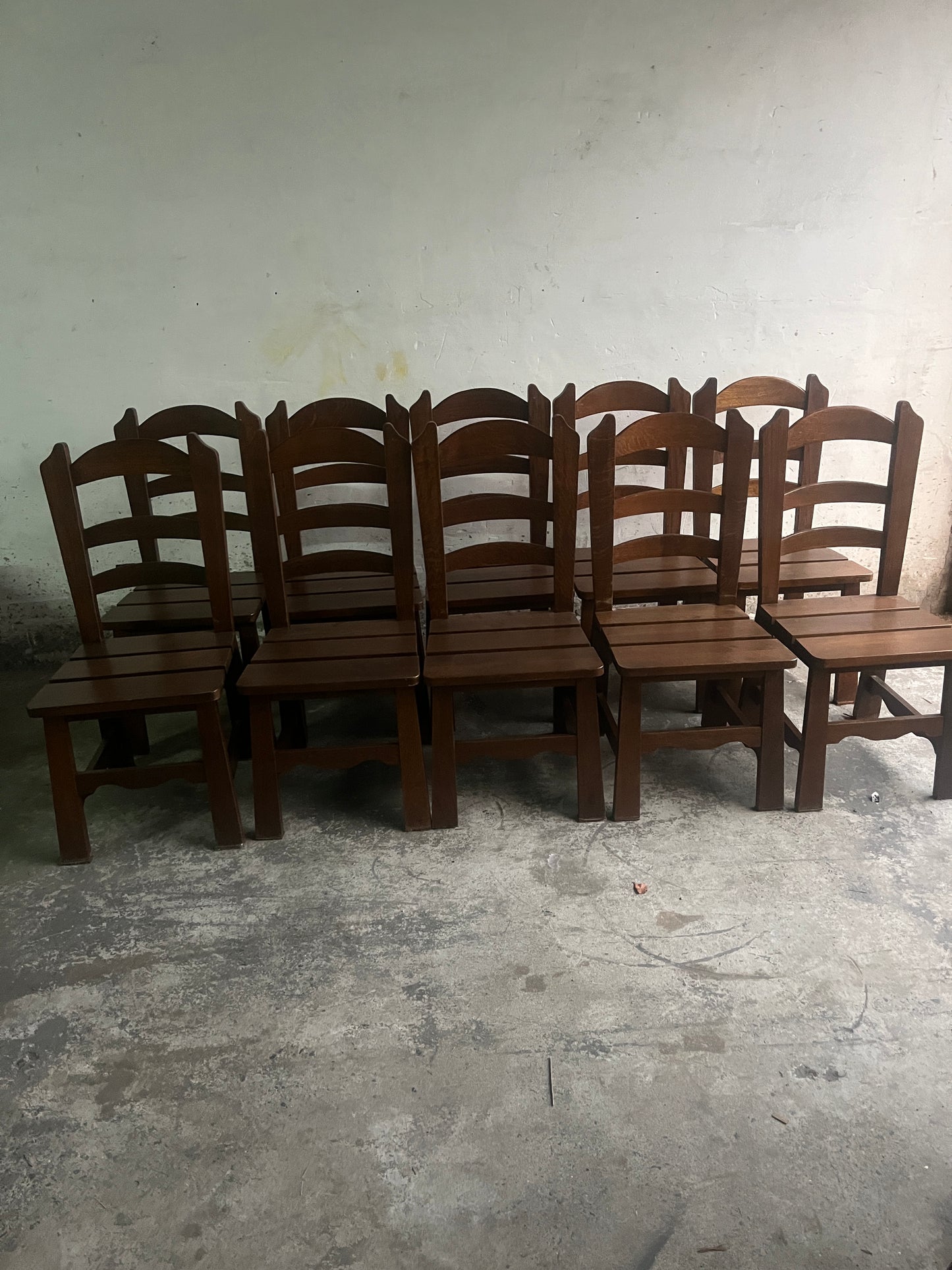 Brutalist Wooden Chairs – Set of 10 (1970s)