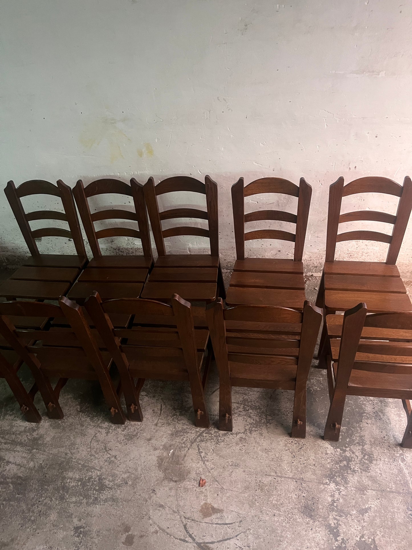 Brutalist Wooden Chairs – Set of 10 (1970s)