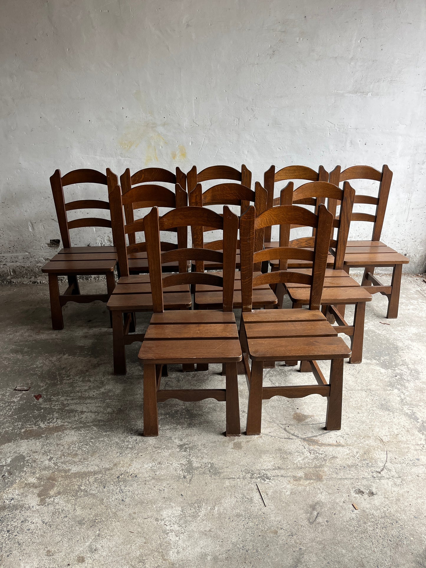 Brutalist Wooden Chairs – Set of 10 (1970s)
