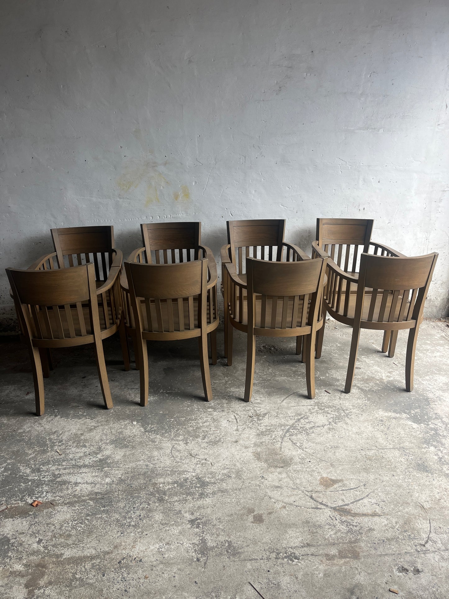 Set of 8 Wooden Armchairs – Classic Slatted Design (1980s)