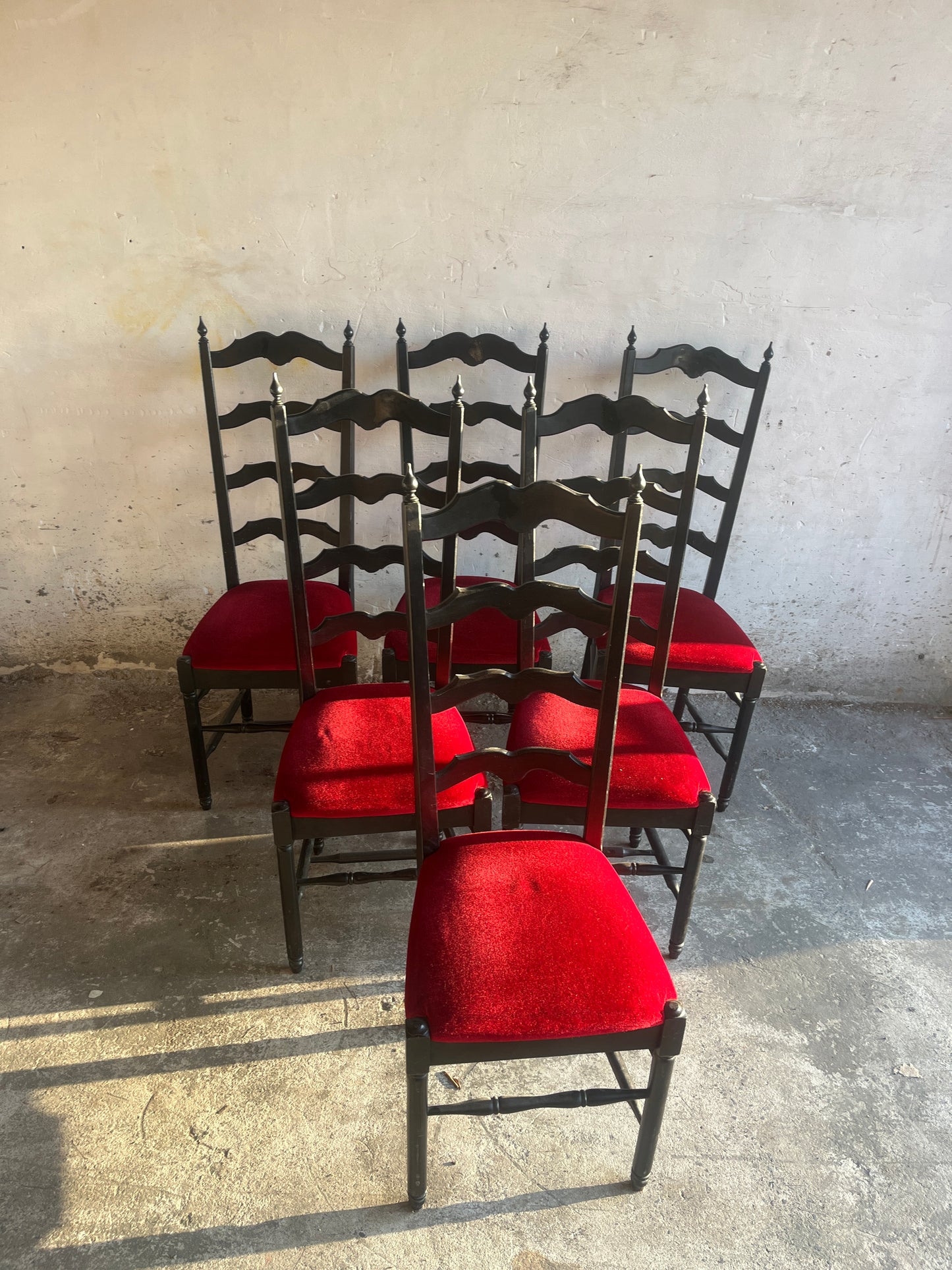 Set of 6 High-Back Dining Chairs in Black Wood & Red Velvet