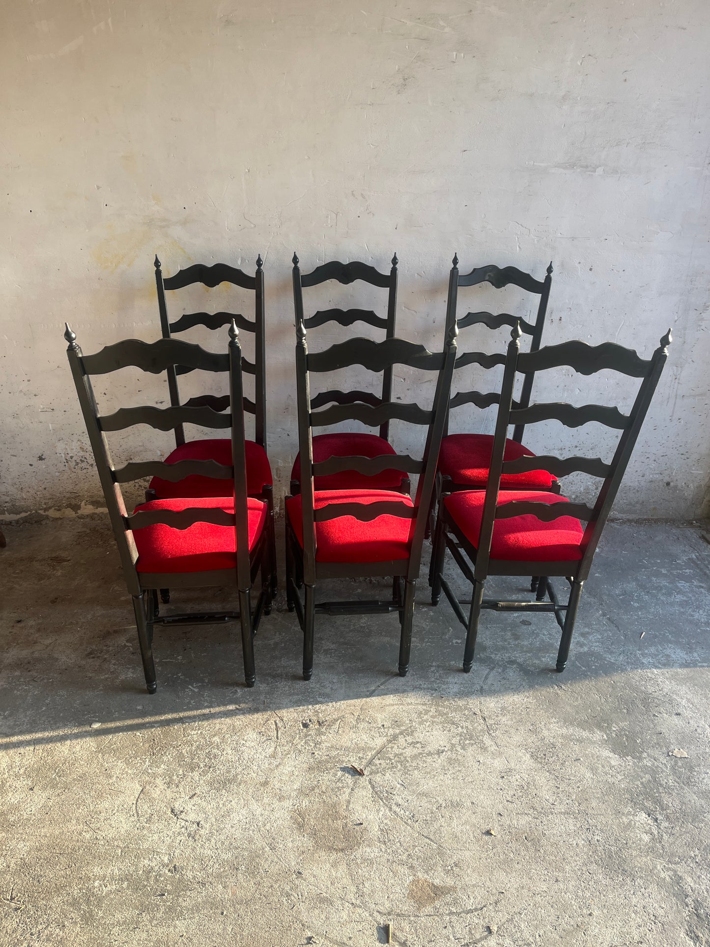 Set of 6 High-Back Dining Chairs in Black Wood & Red Velvet