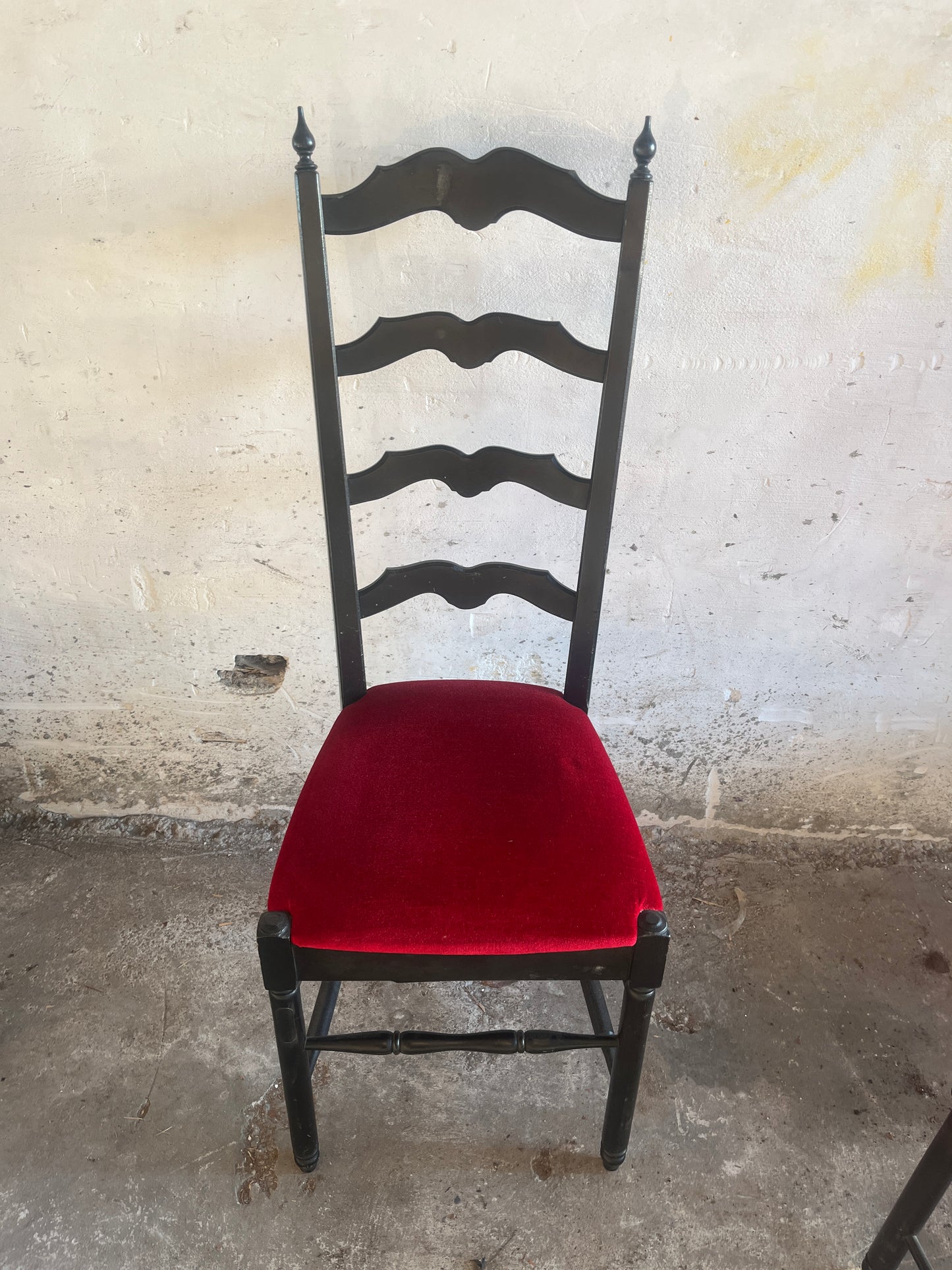 Set of 6 High-Back Dining Chairs in Black Wood & Red Velvet